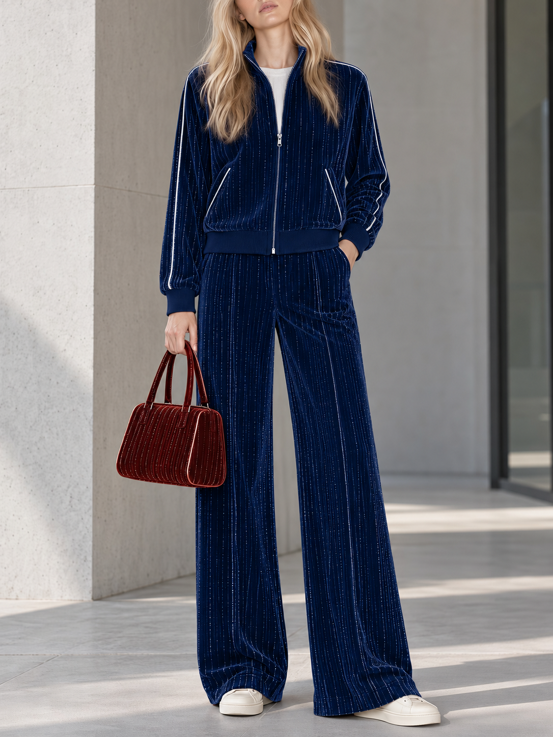 Burgundy Metallic-thread Velvet Zip-up Jacket And Wide-leg Trousers Set
