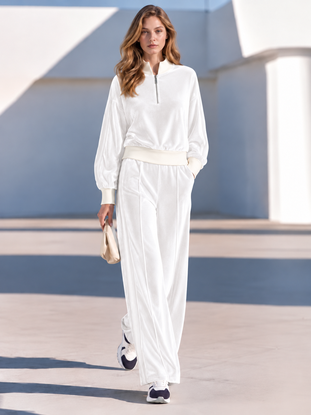 Navy Blue Color-block Velvet Half-zip Top And Wide-leg Trousers Lounge Set