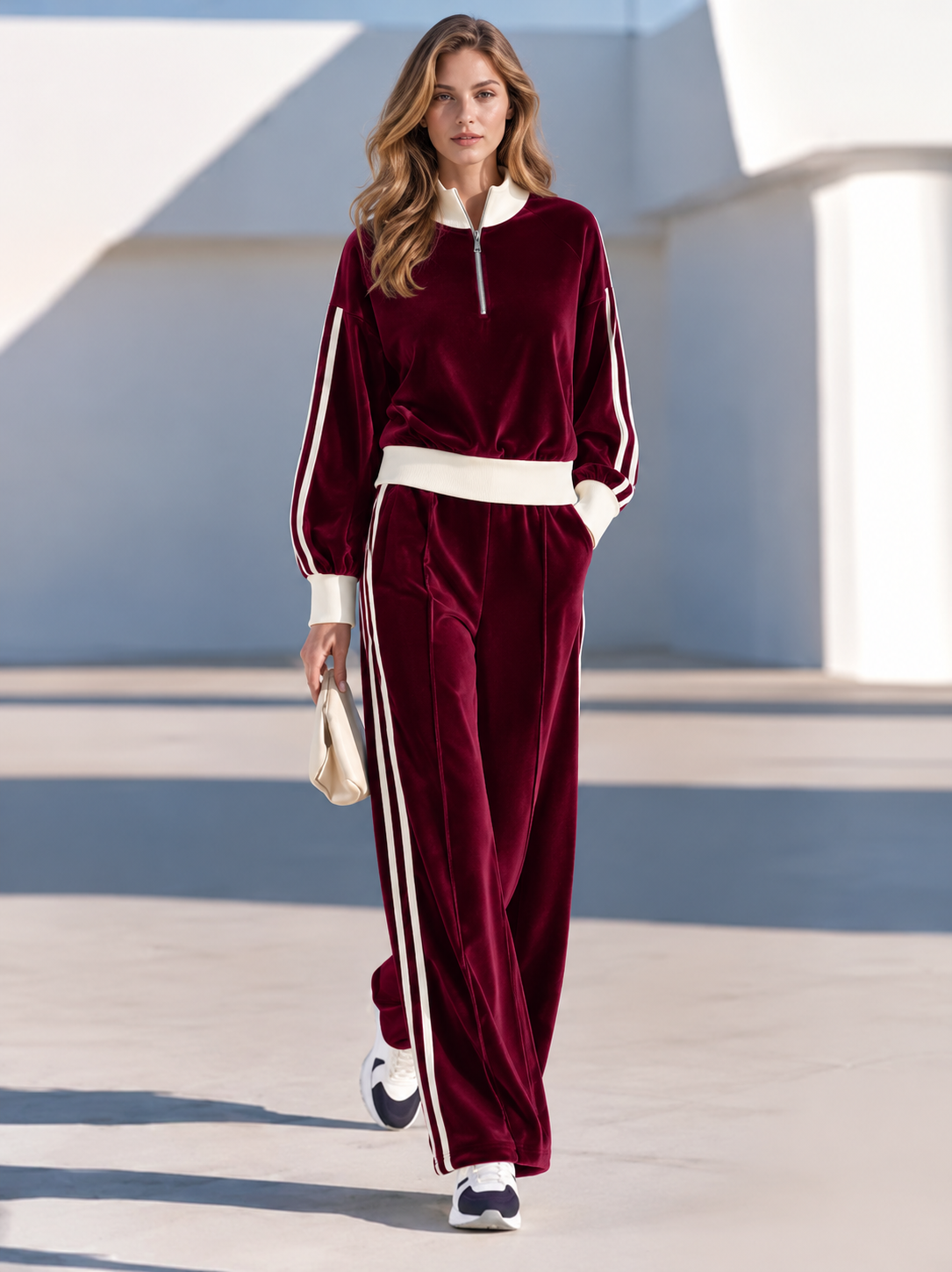 Navy Blue Color-block Velvet Half-zip Top And Wide-leg Trousers Lounge Set