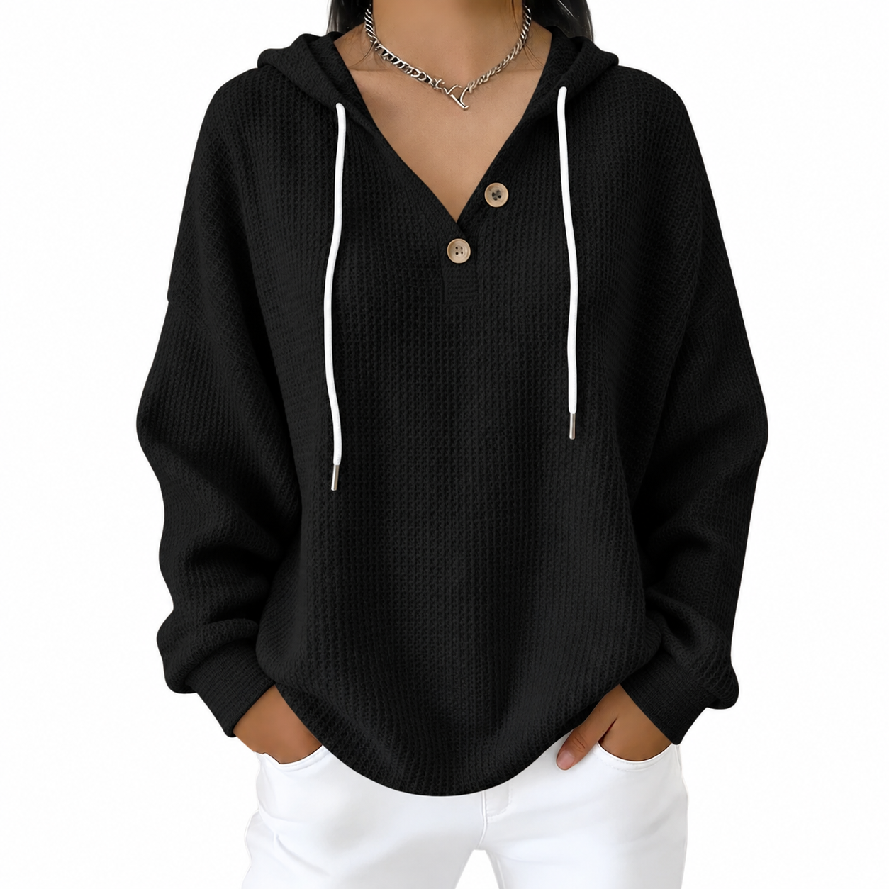 Women's Hooded Pullover – Button V-Neck Casual Sweater for Everyday Wear