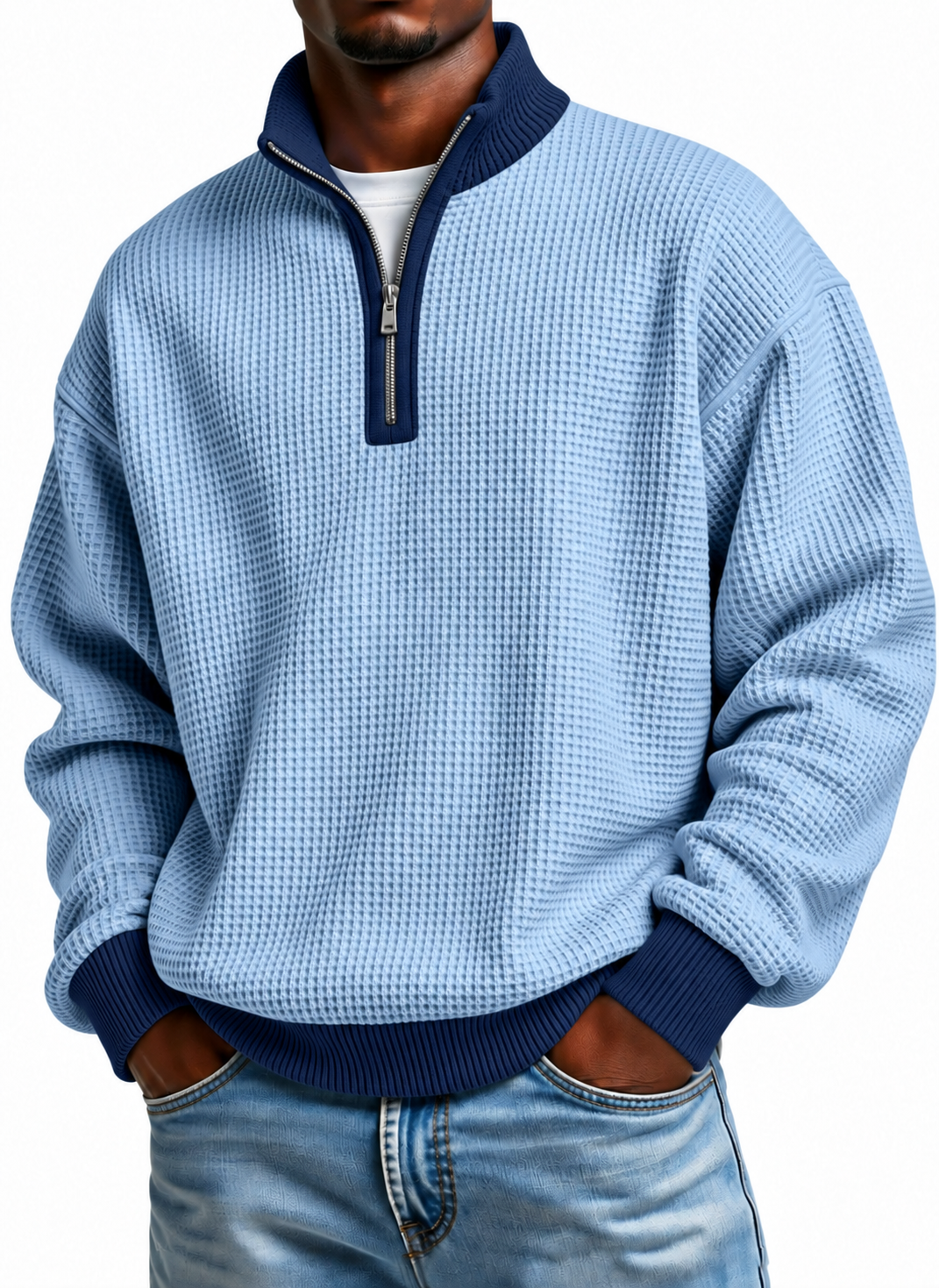 Men's Quarter Zip Pullover Sweater, Contrast Collar Long Sleeve Casual Knit Top