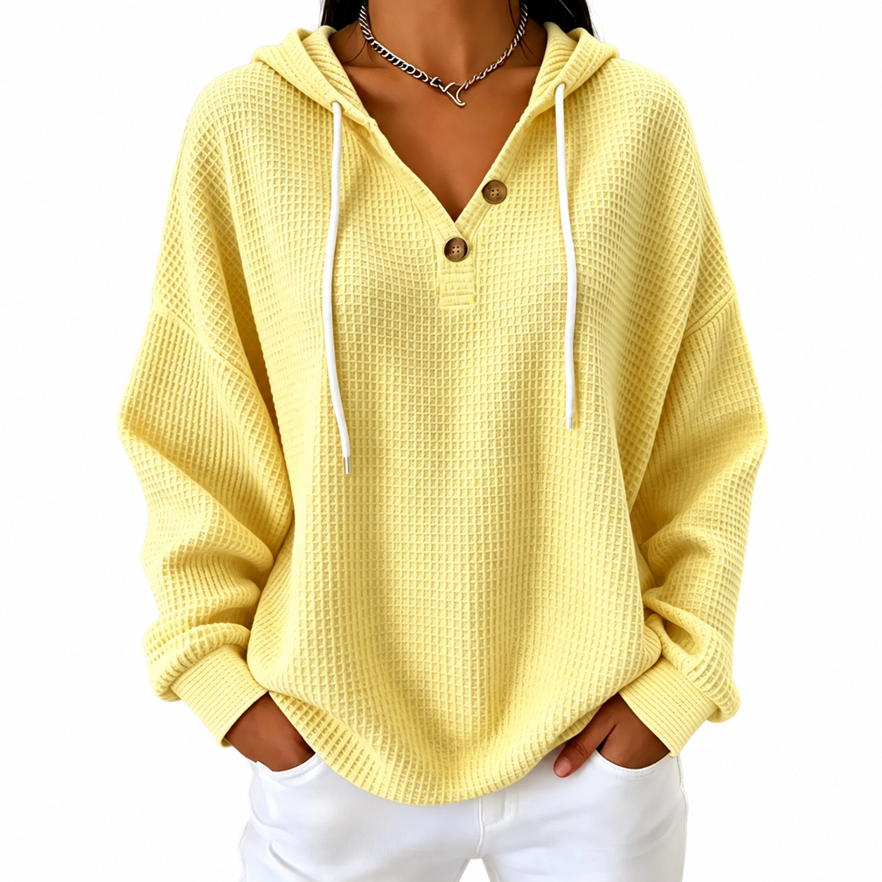 Women's Hooded Pullover – Button V-Neck Casual Sweater for Everyday Wear