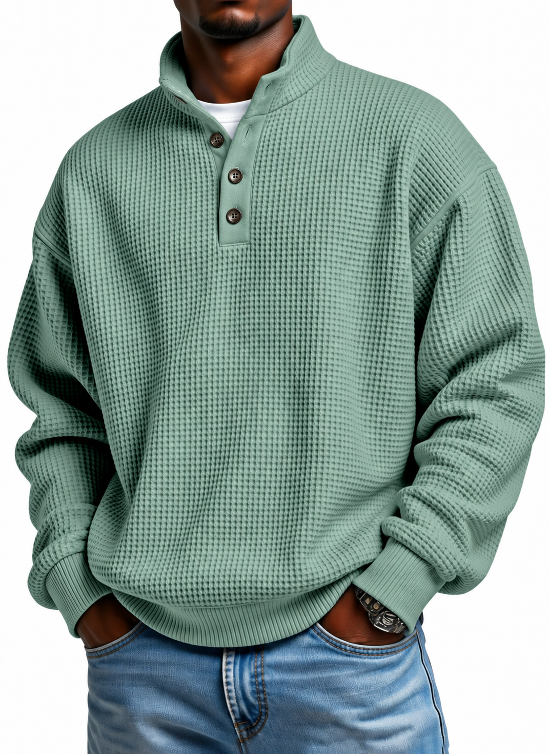 Men Henley Mock Neck Knit Sweater, Long Sleeve Button Casual Pullover