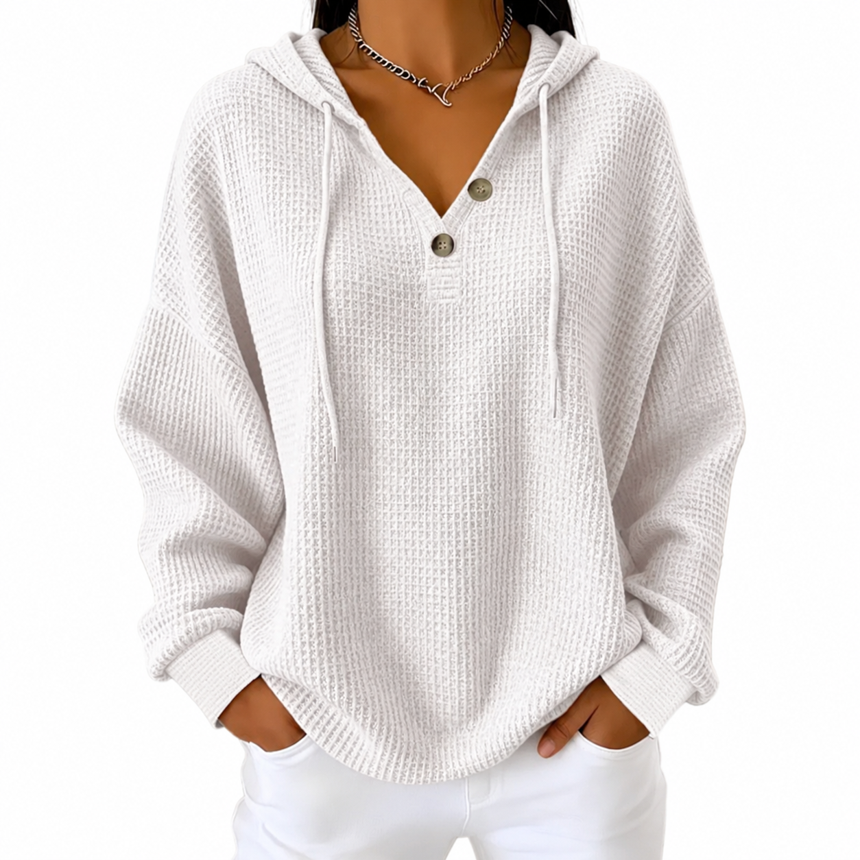 Women's Hooded Pullover – Button V-Neck Casual Sweater for Everyday Wear