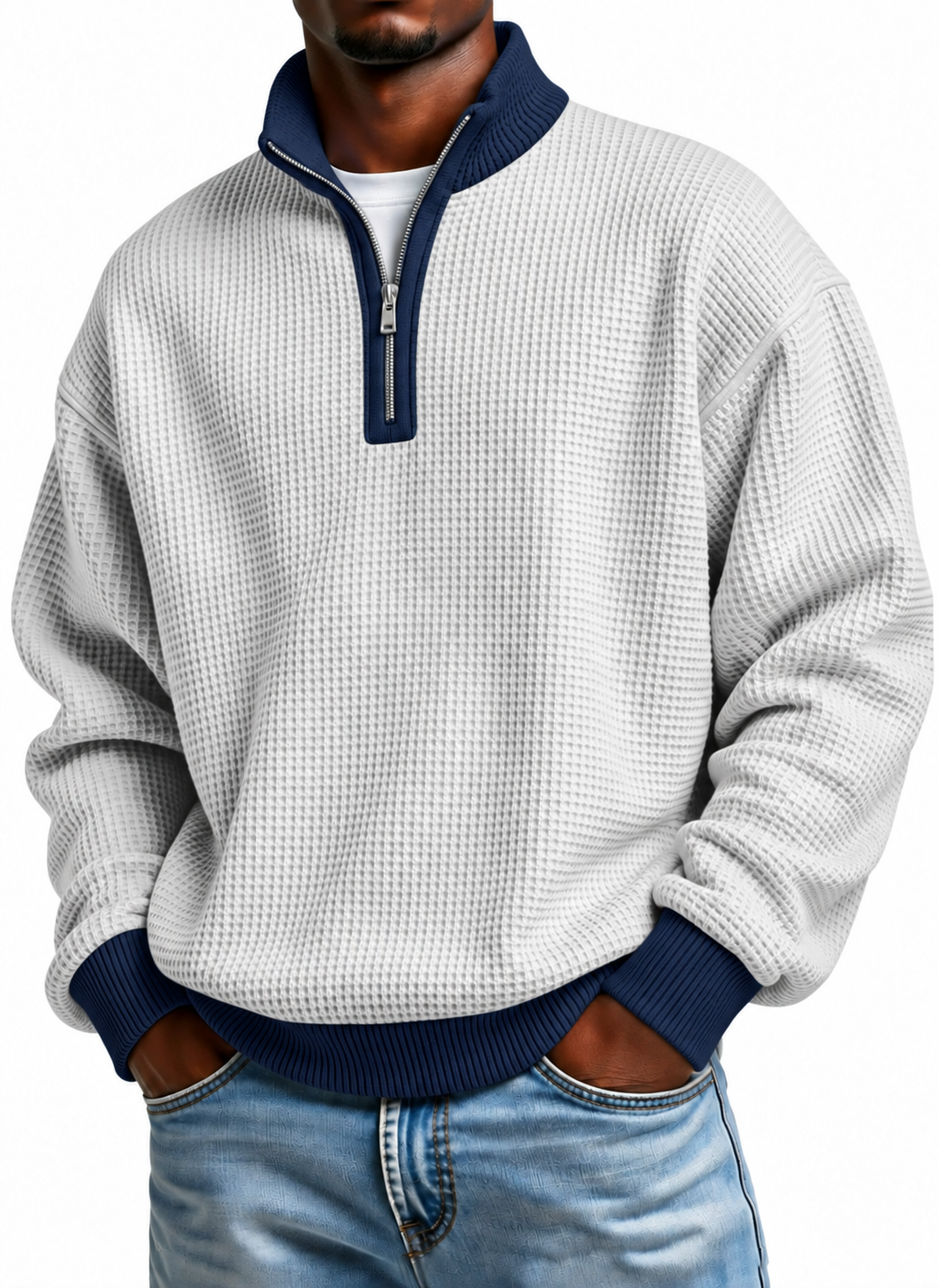 Men's Quarter Zip Pullover Sweater, Contrast Collar Long Sleeve Casual Knit Top