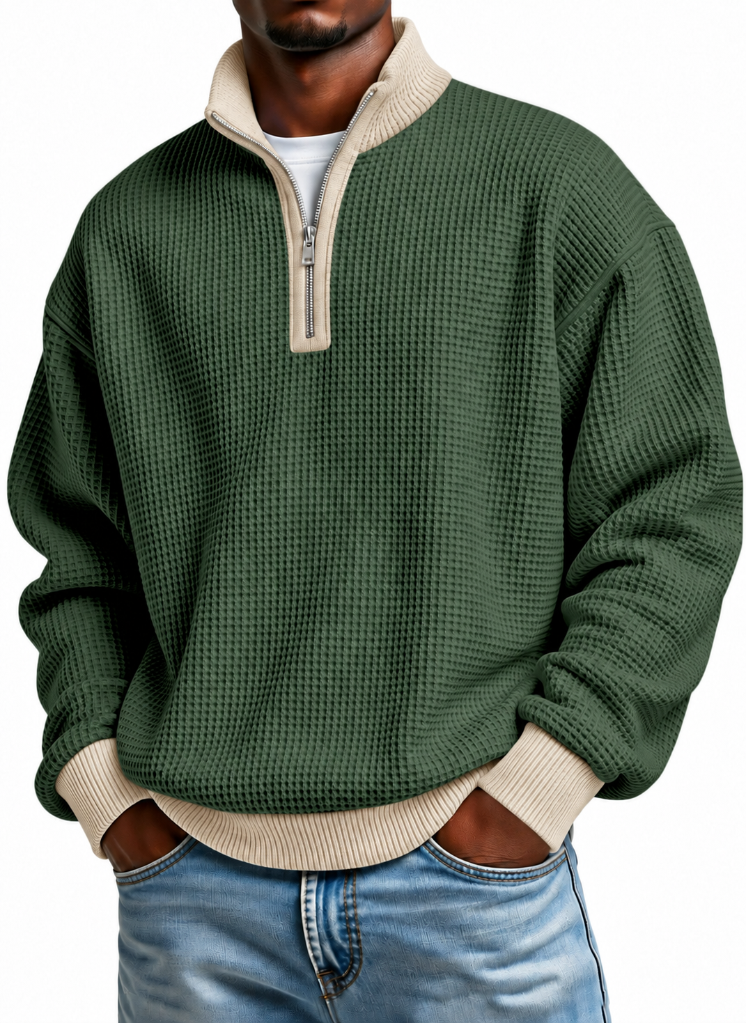 Men's Quarter Zip Pullover Sweater, Contrast Collar Long Sleeve Casual Knit Top