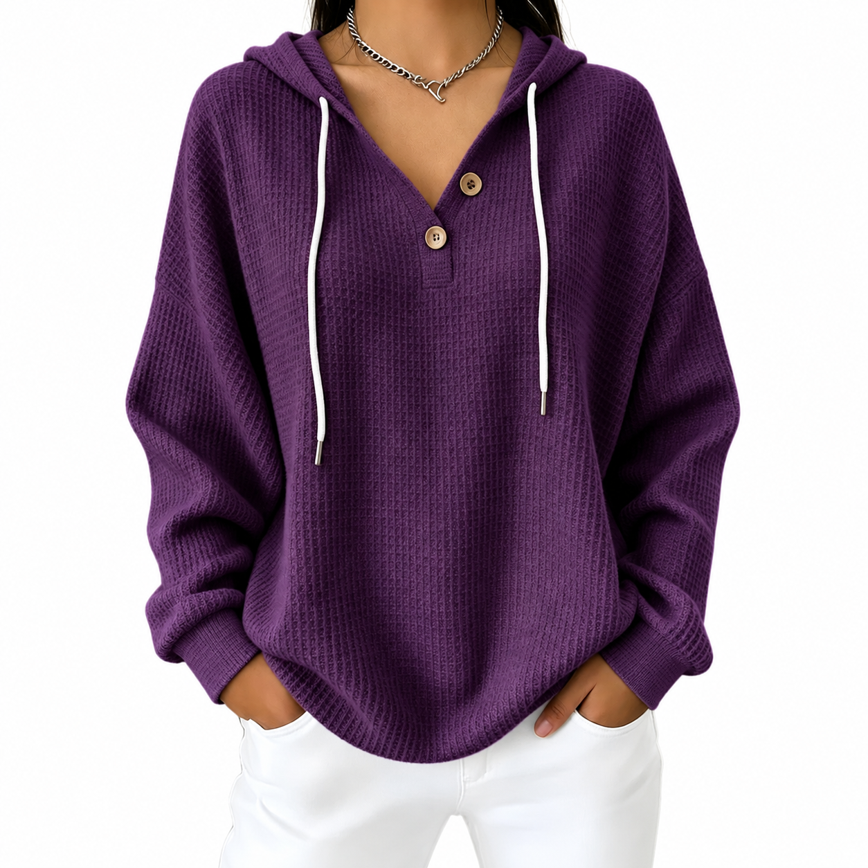 Women's Hooded Pullover – Button V-Neck Casual Sweater for Everyday Wear