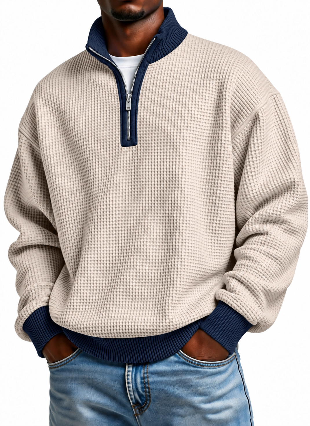 Men's Quarter Zip Pullover Sweater, Contrast Collar Long Sleeve Casual Knit Top