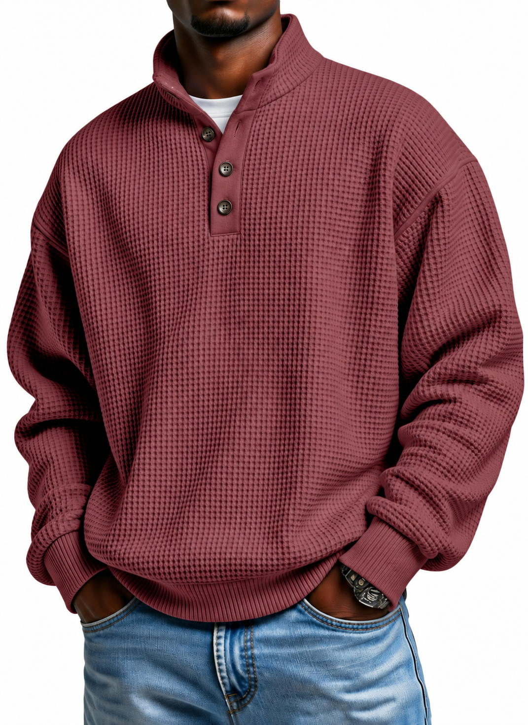 Men Henley Mock Neck Knit Sweater, Long Sleeve Button Casual Pullover