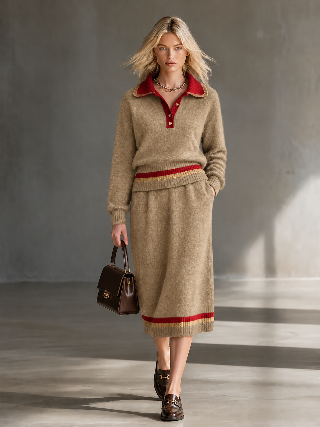 Navy Blue Lape Half Button Contrast Stripes Knit Sweater Two Piece Midi Skirt Set