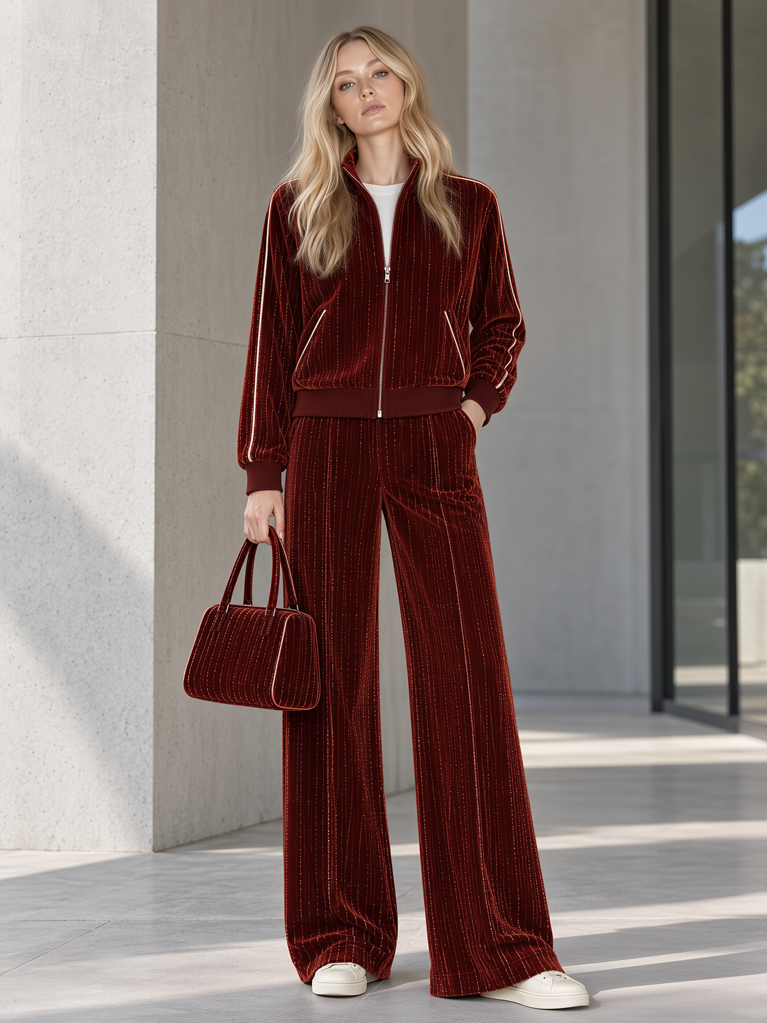 Burgundy Metallic-thread Velvet Zip-up Jacket And Wide-leg Trousers Set