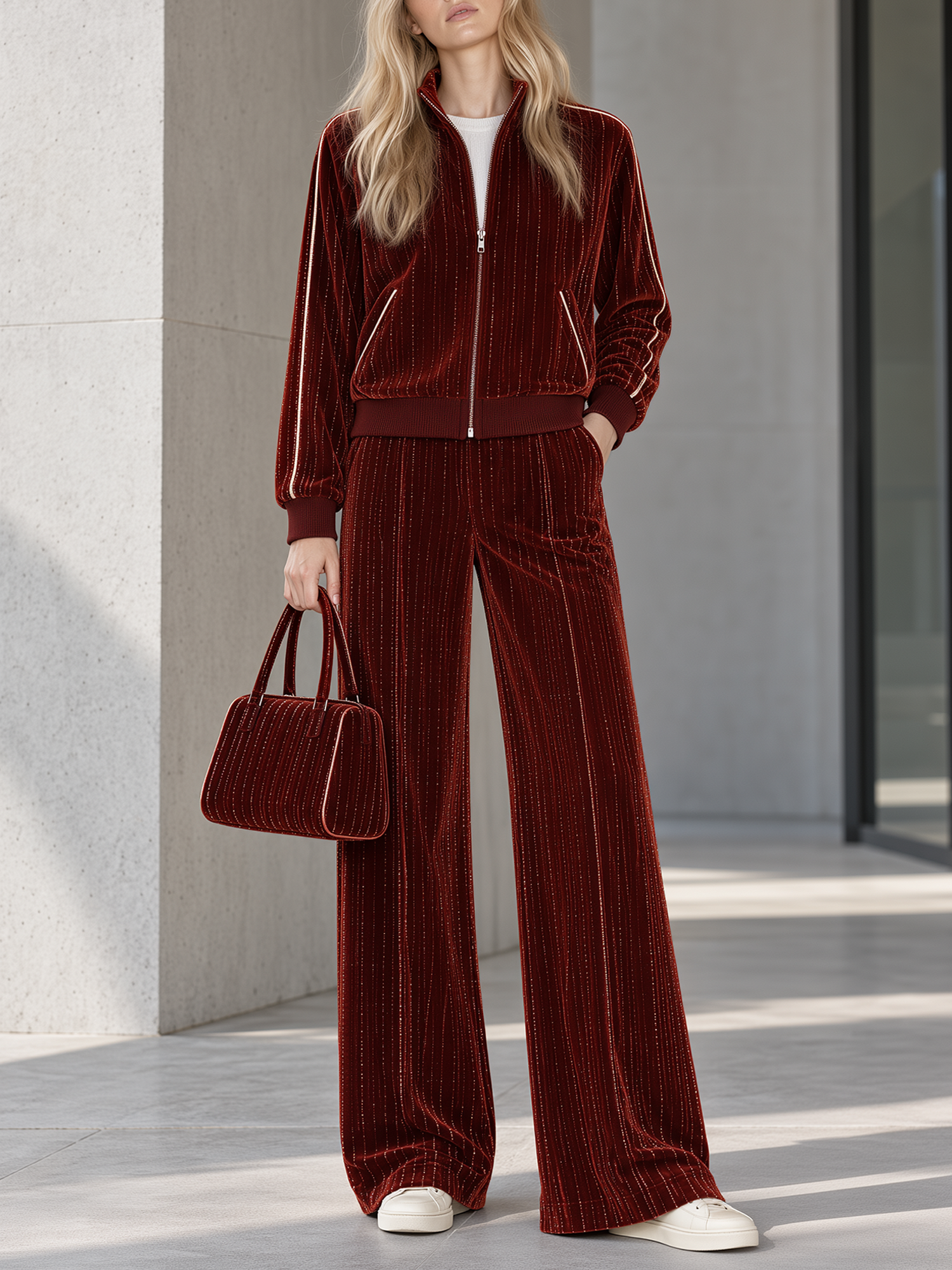 Burgundy Metallic-thread Velvet Zip-up Jacket And Wide-leg Trousers Set