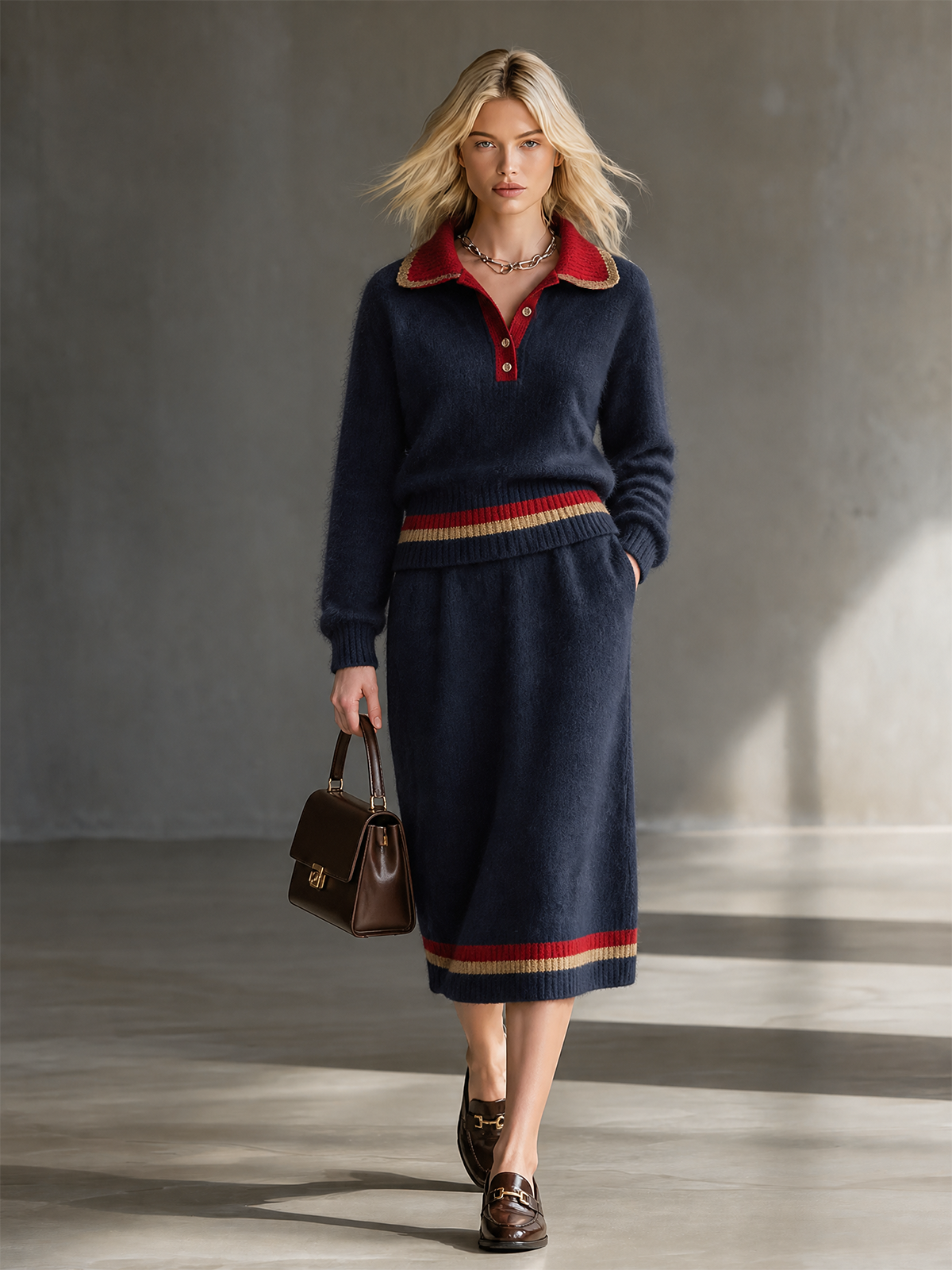 Navy Blue Lape Half Button Contrast Stripes Knit Sweater Two Piece Midi Skirt Set