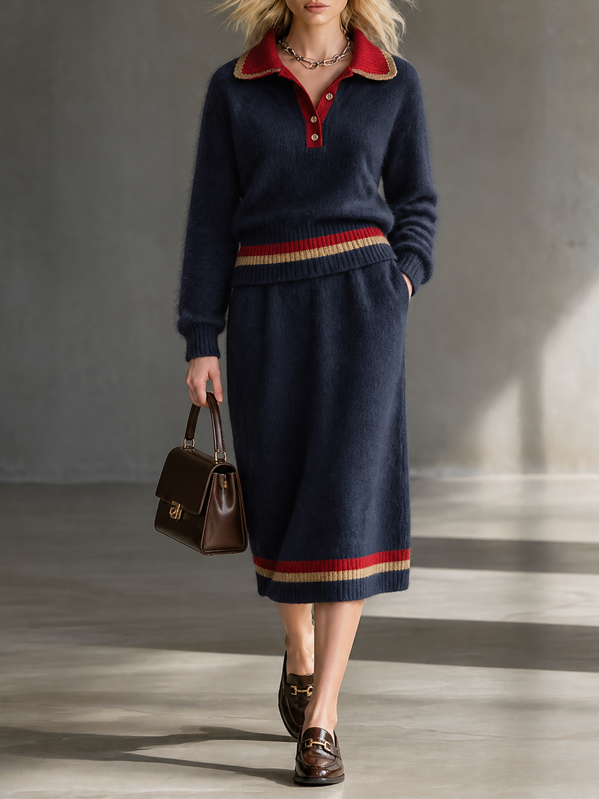 Navy Blue Lape Half Button Contrast Stripes Knit Sweater Two Piece Midi Skirt Set