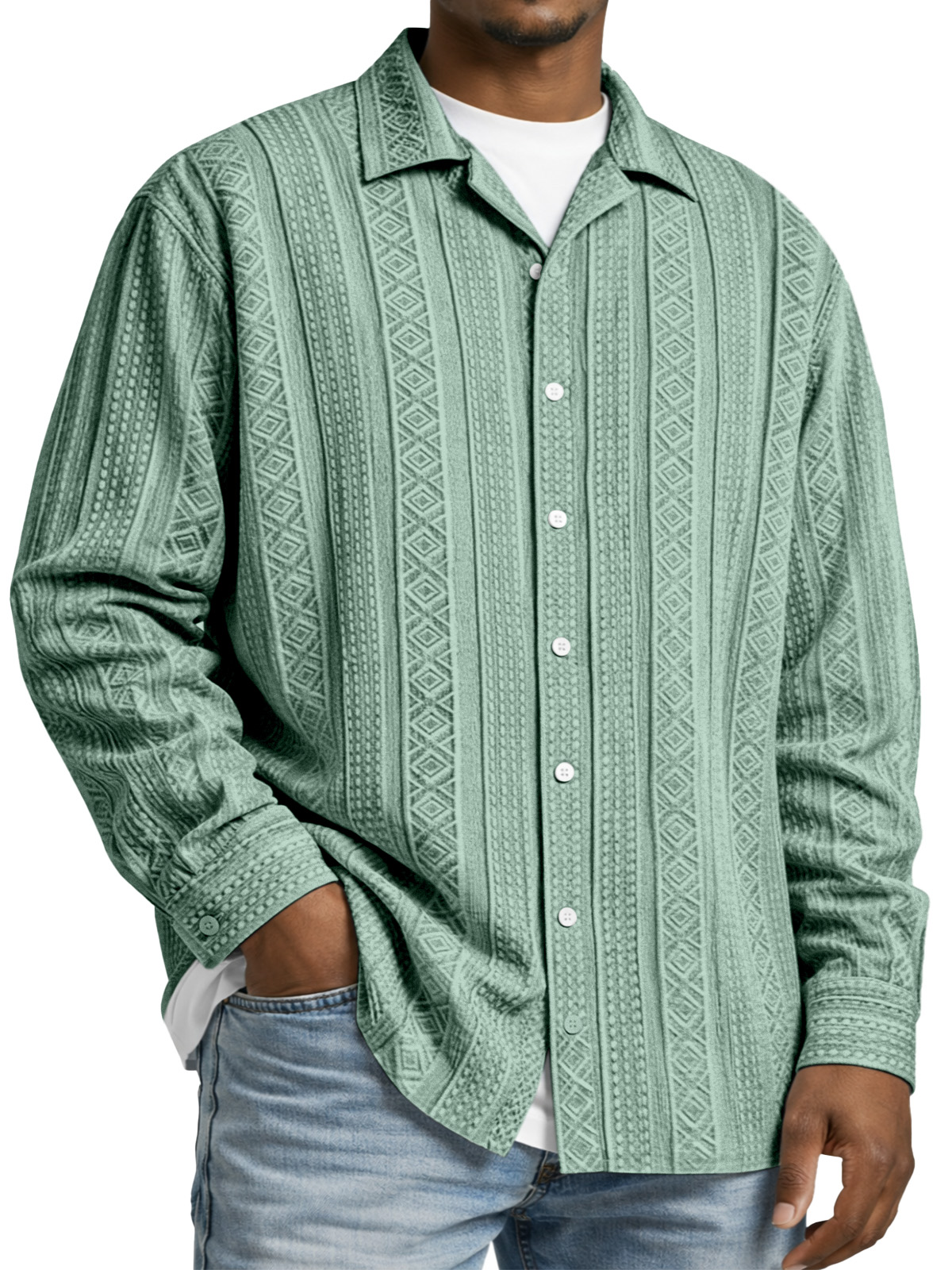 Men's Simple Solid Color Textured Long-sleeved Collared Shirt