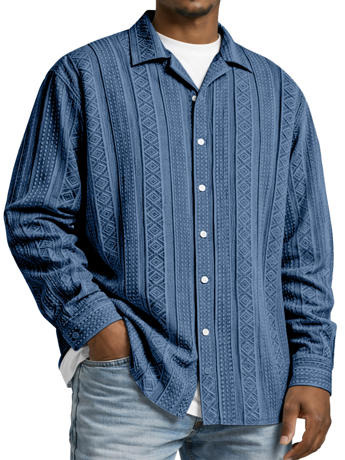 Men's Simple Solid Color Textured Long-sleeved Collared Shirt