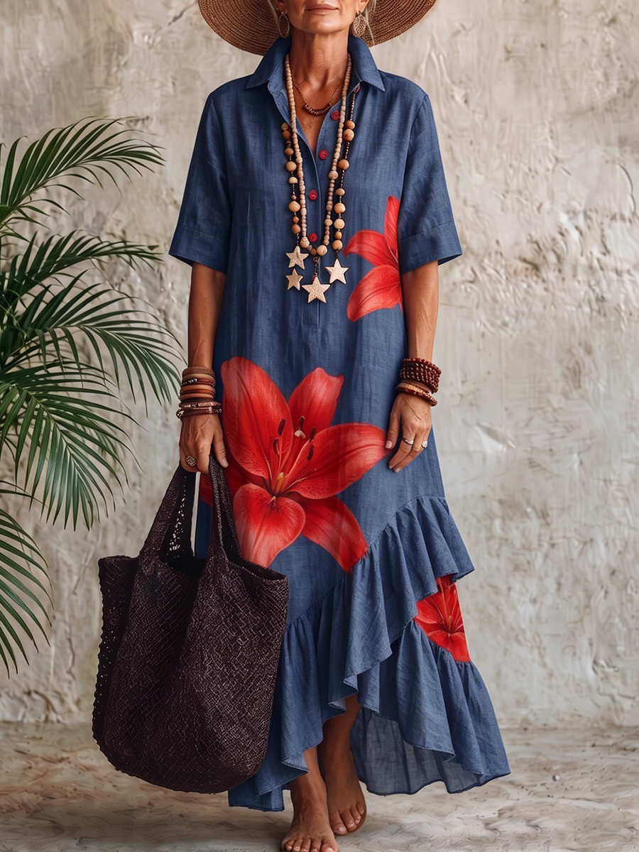Women’s Cotton Linen Floral Maxi Dress