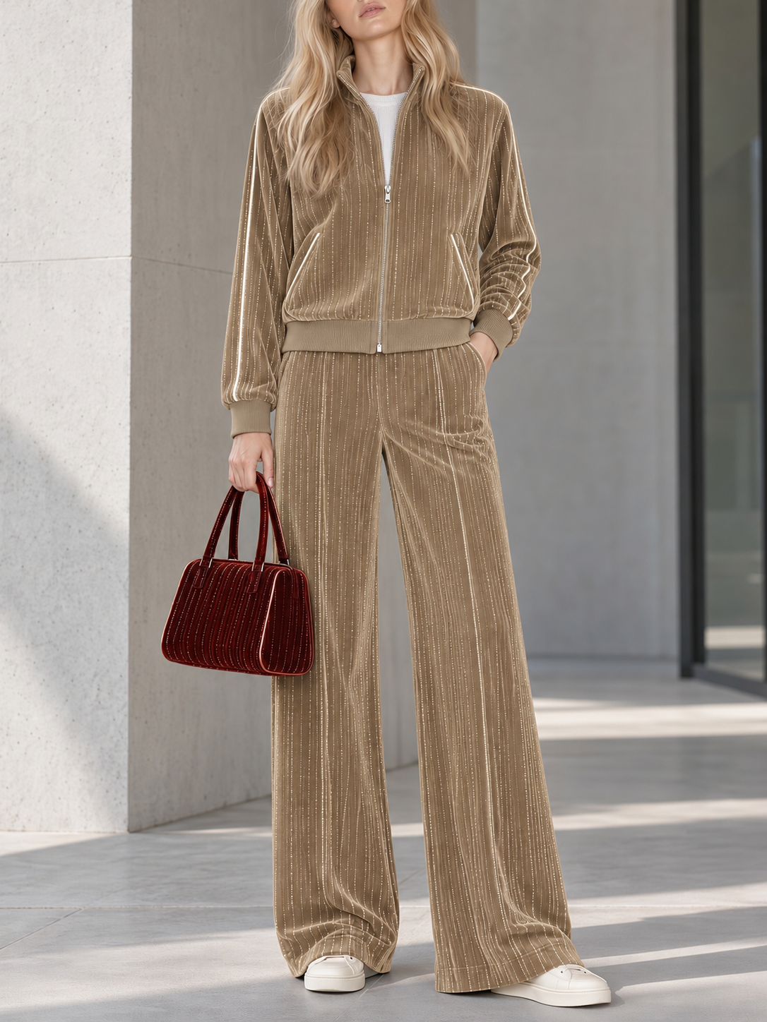 Burgundy Metallic-thread Velvet Zip-up Jacket And Wide-leg Trousers Set