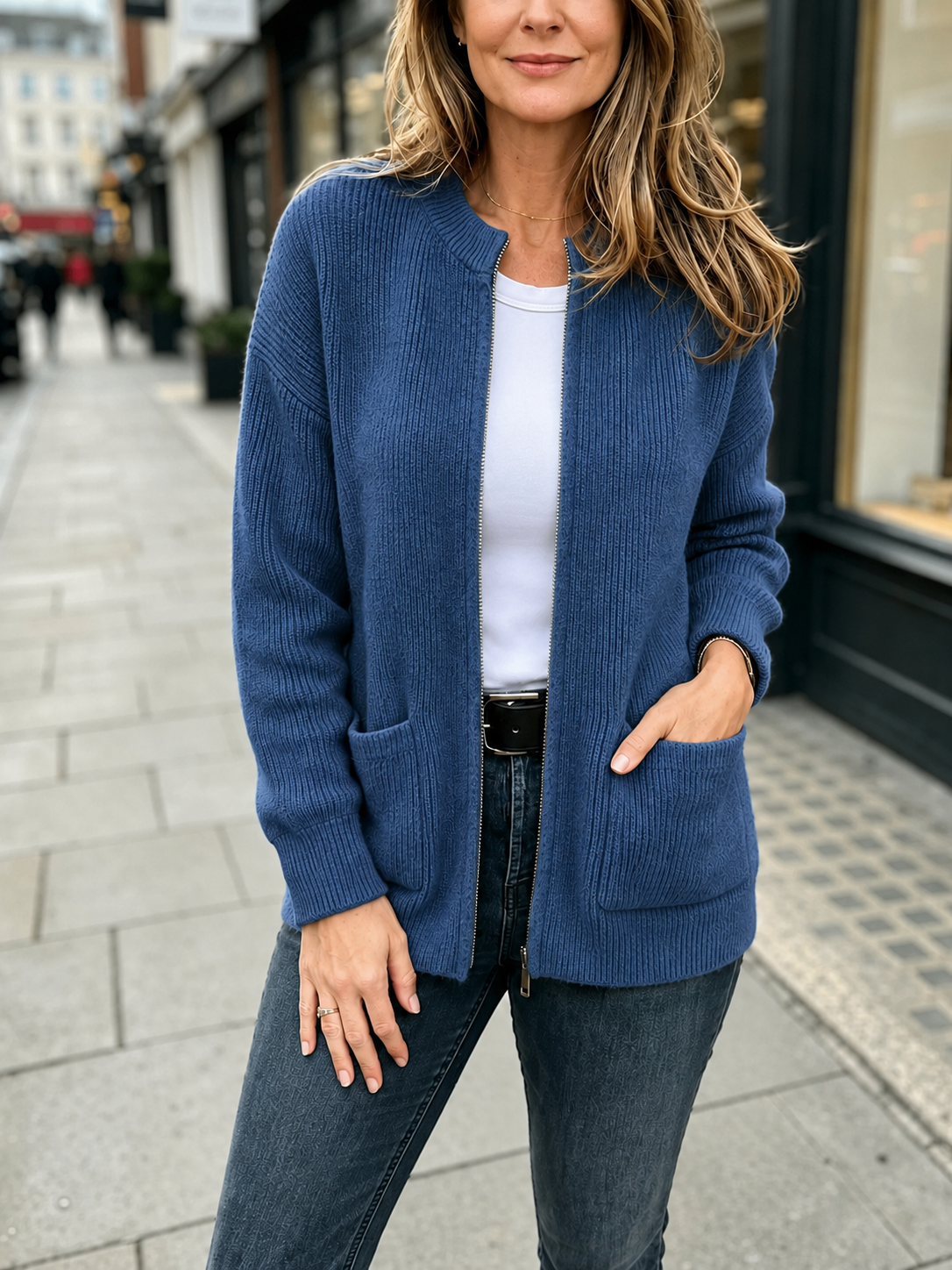 Everyday Ease™ Zip-Front Ribbed Knit Wool Cardigan