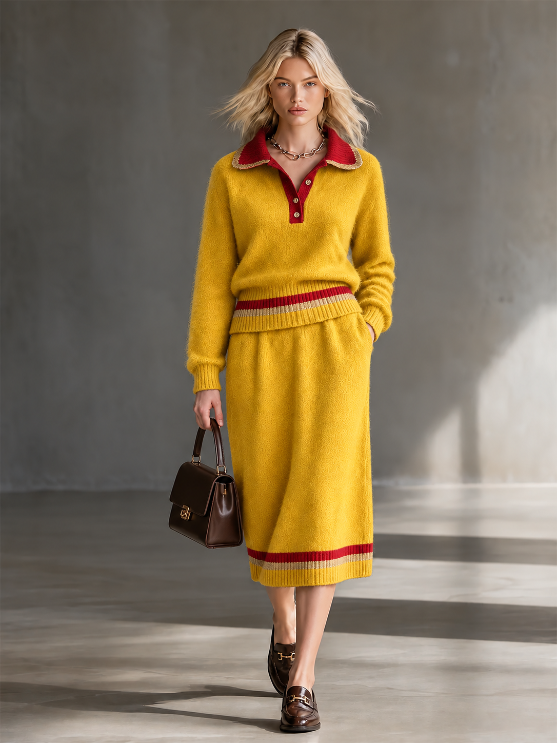 Navy Blue Lape Half Button Contrast Stripes Knit Sweater Two Piece Midi Skirt Set