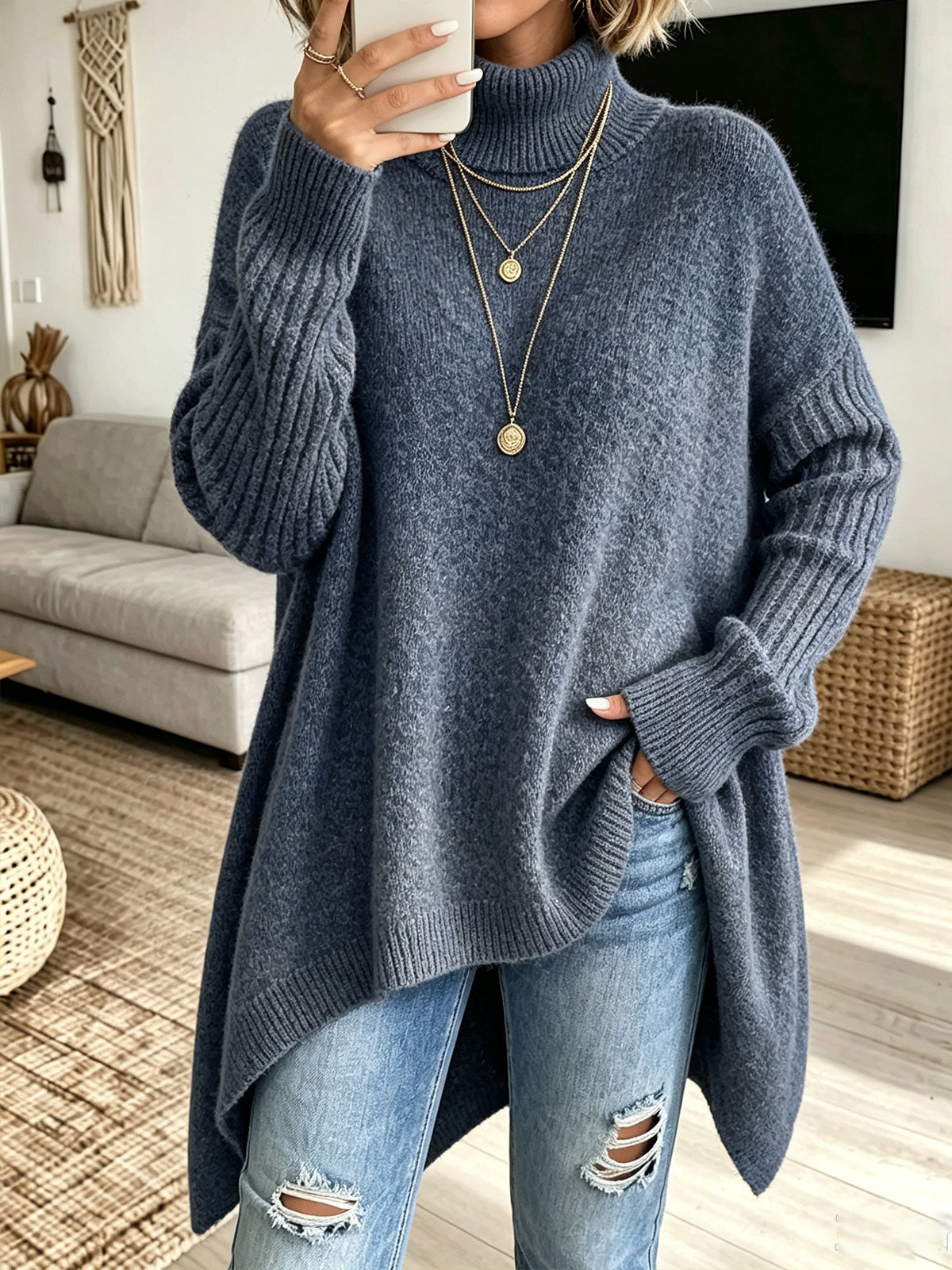 🤲LAST DAY SAVE 49% ⏰Women Oversized Turtleneck Asymmetric Hem Loose Knit Sweater