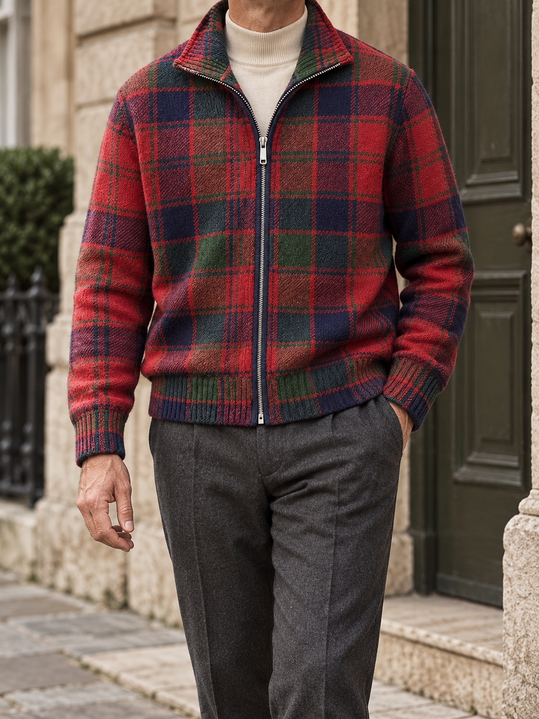 Men's plaid full-zip cardigan - Red Plaid