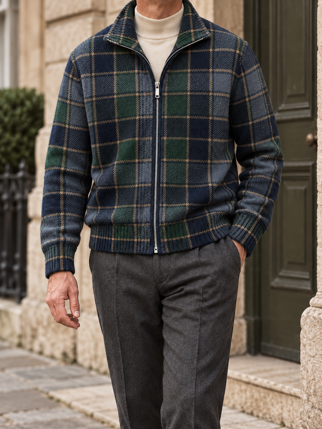 Men's plaid full-zip cardigan - Navy Forest Plaid