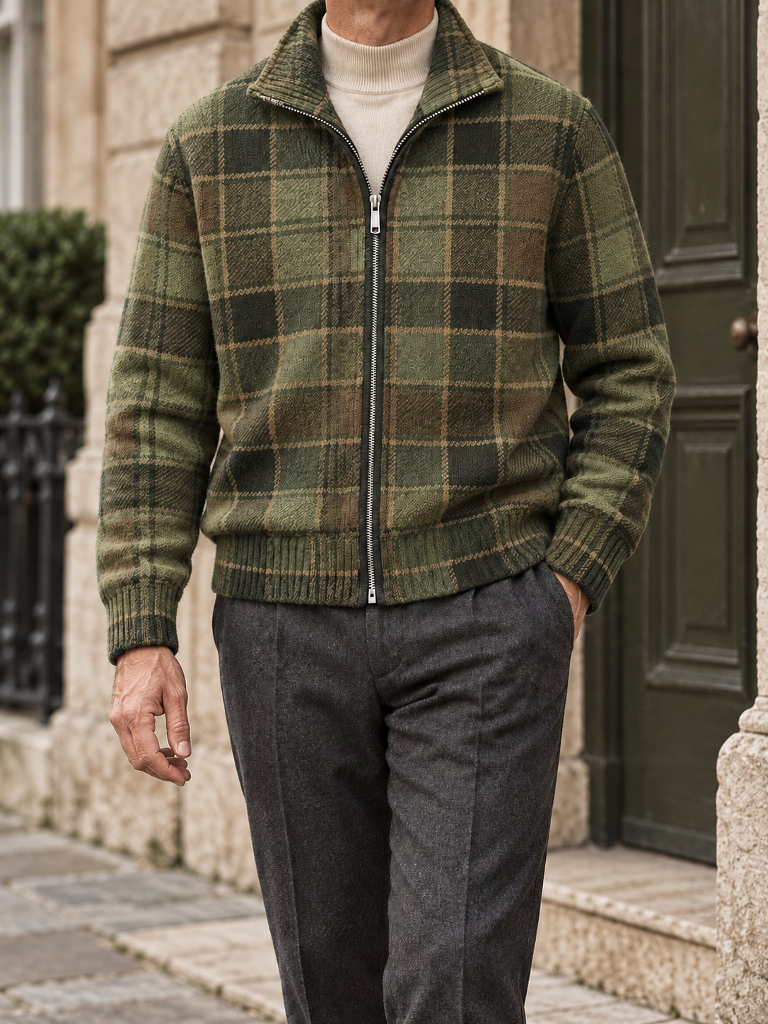Men's plaid full-zip cardigan - Olive Plaid