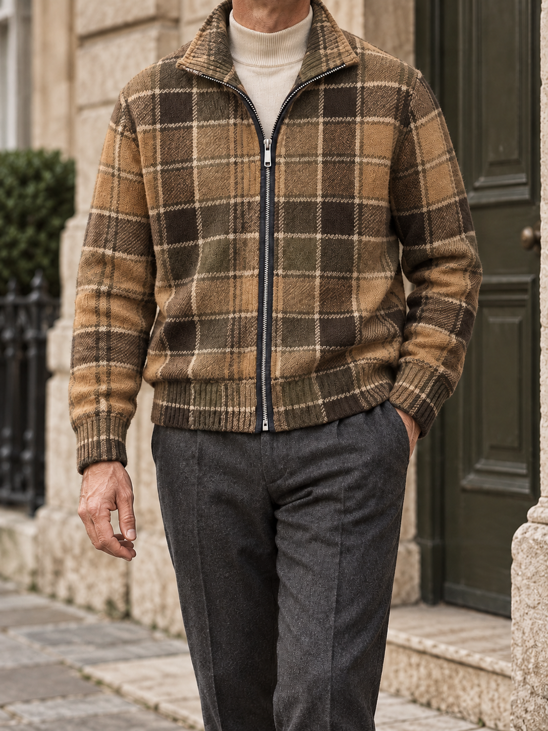 Men's plaid full-zip cardigan - Camel Brown Plaid