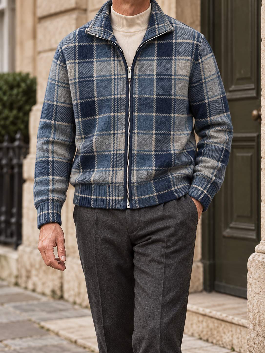 Men's plaid full-zip cardigan - Slate Blue Plaid