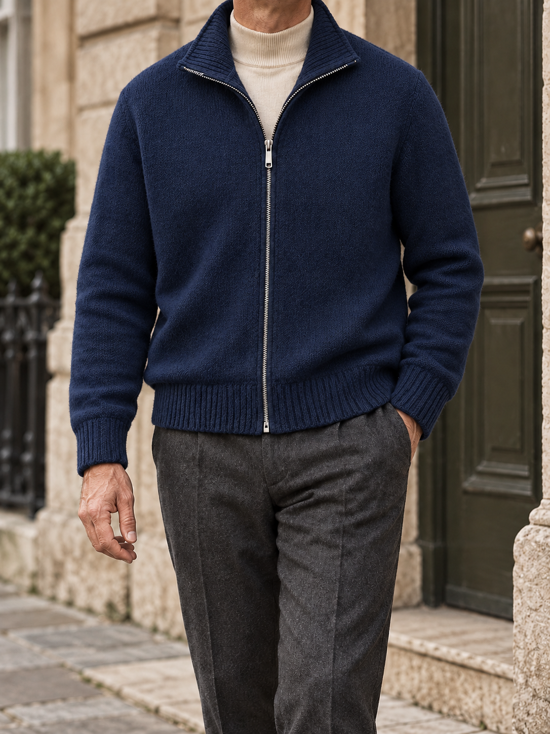Men's solid full-zip cardigan - Navy