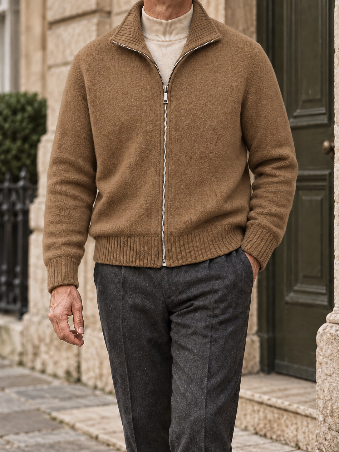 Men's solid full-zip cardigan - Camel Brown