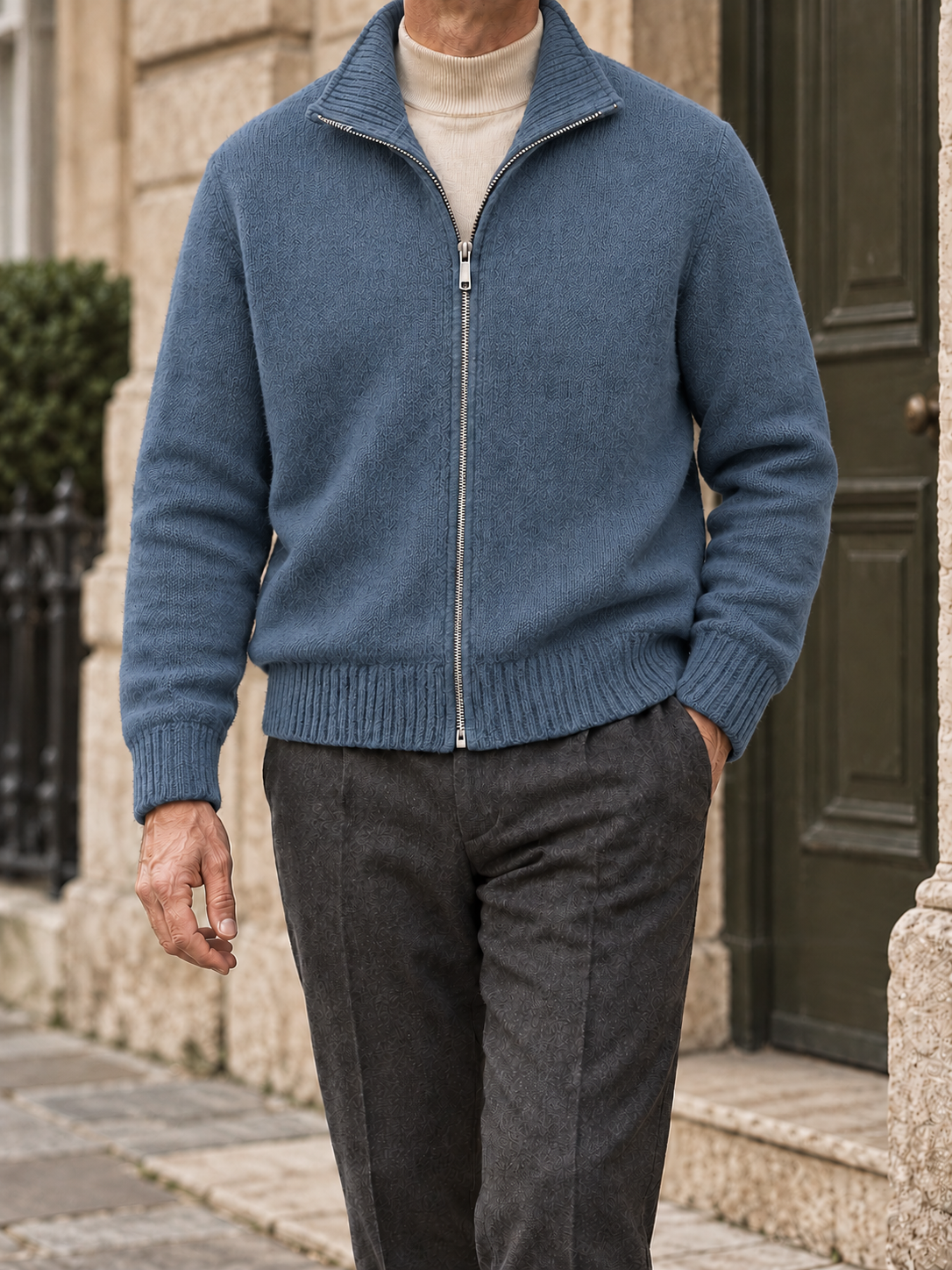 Men's solid full-zip cardigan - Slate Blue