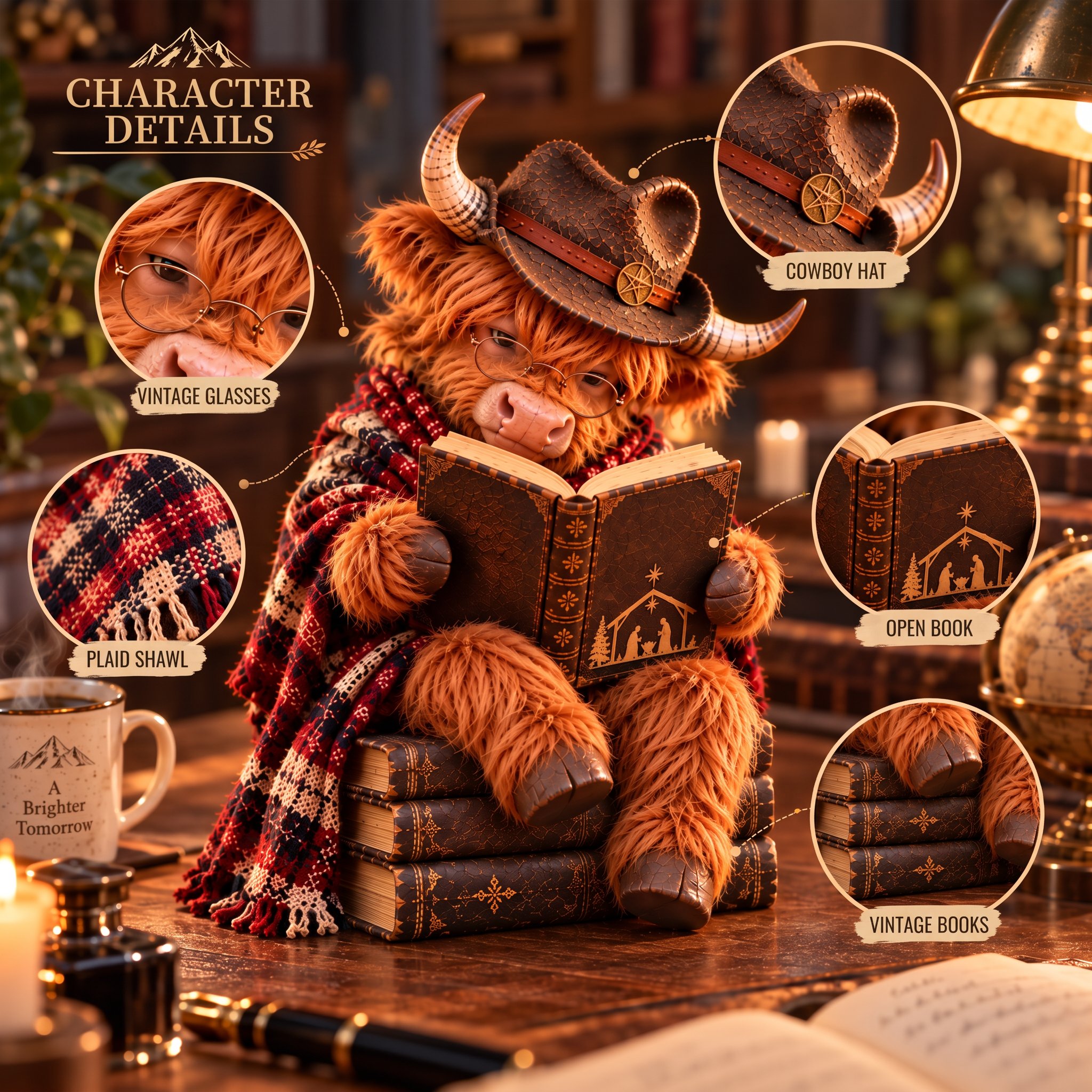Highland Cow with Miniature Books and Accessories