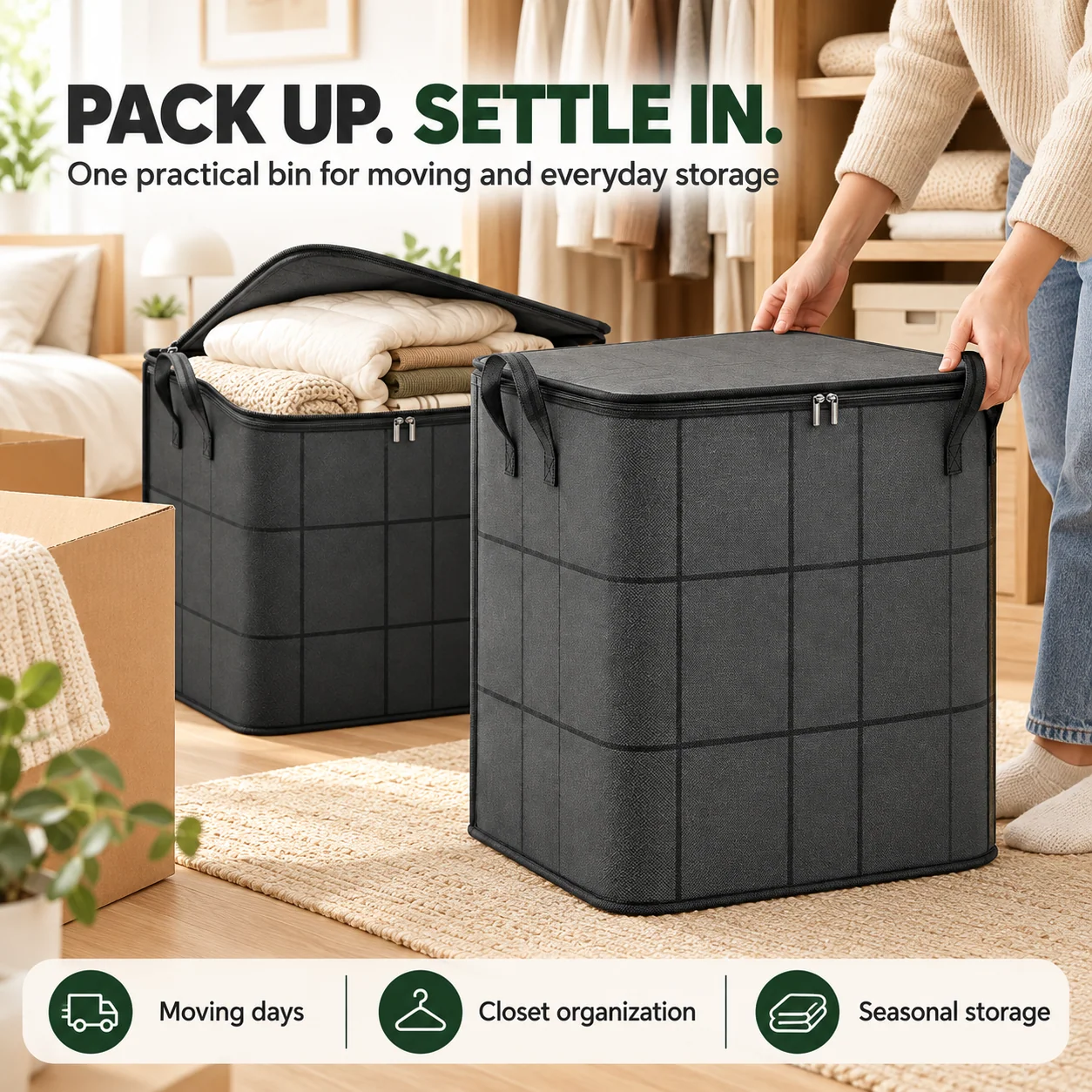 Large Zippered Reinforced Foldable  Fabric Organizer Bin
