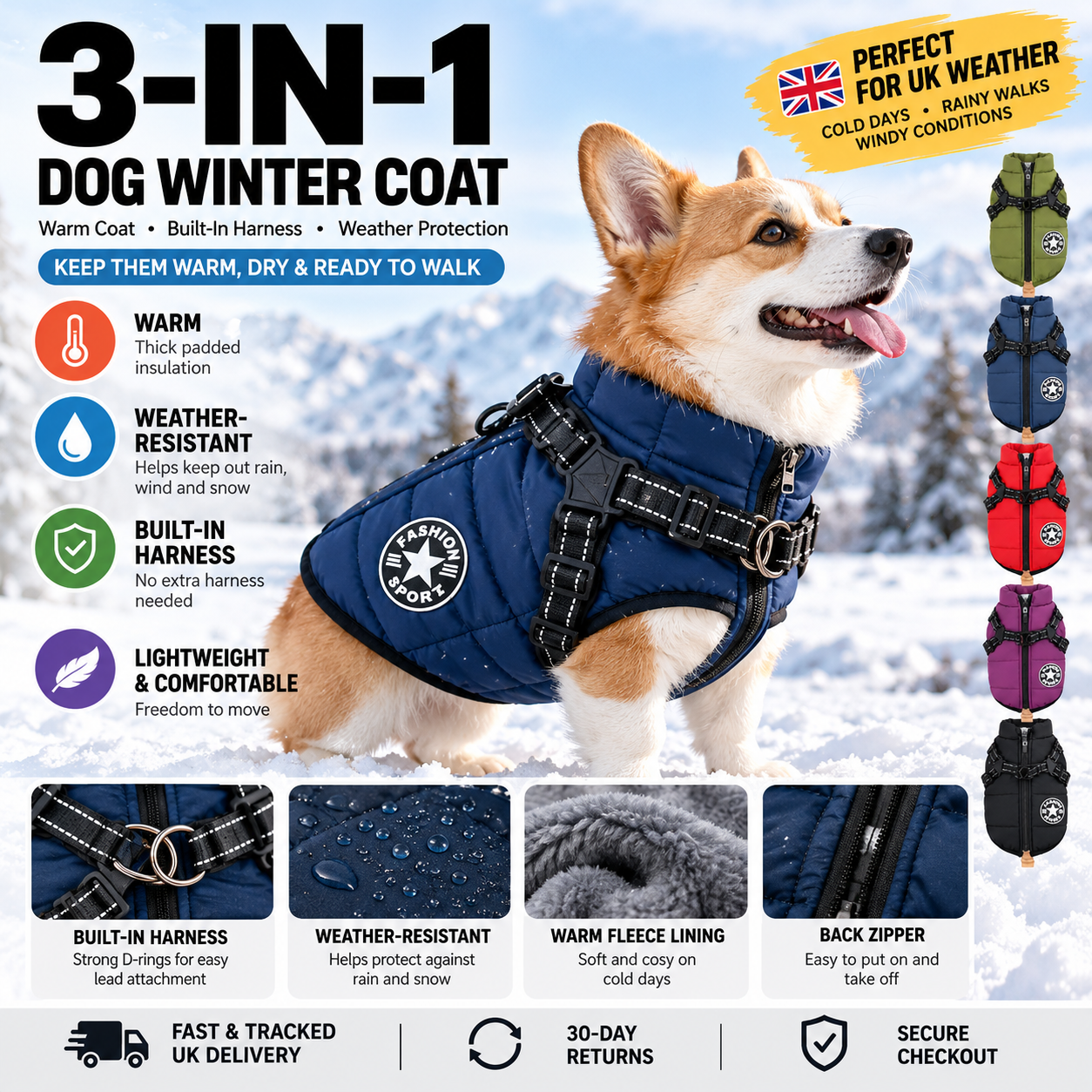 3-in-1 Dog Winter Jacket with Built-In Harness