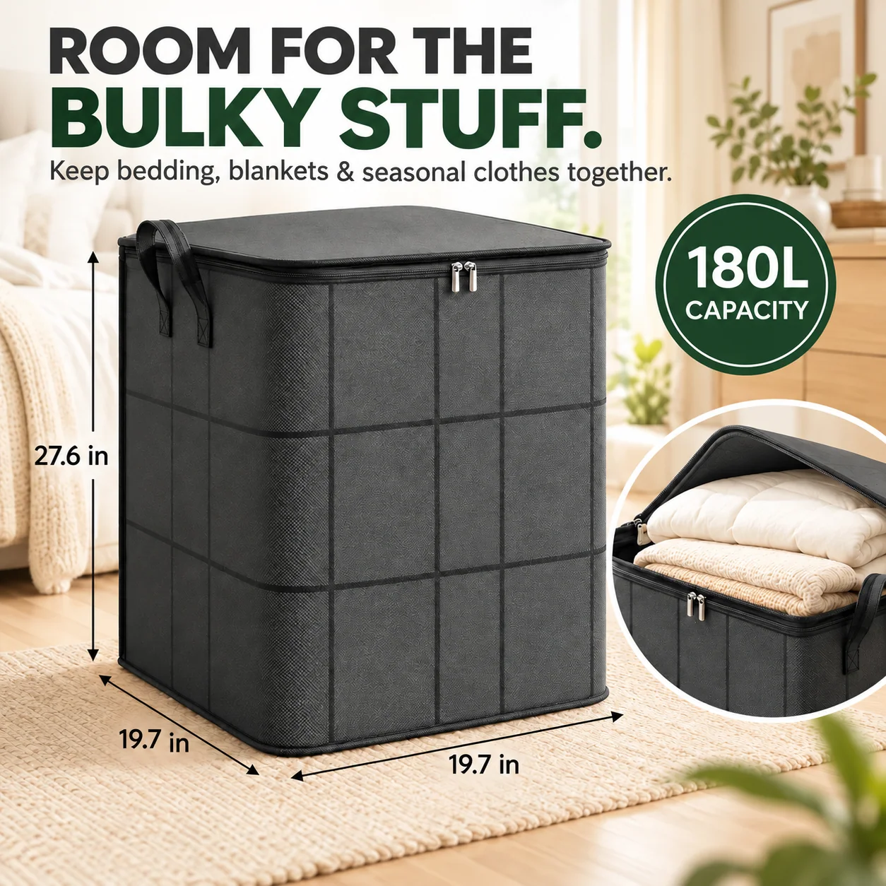 Large Zippered Reinforced Foldable  Fabric Organizer Bin