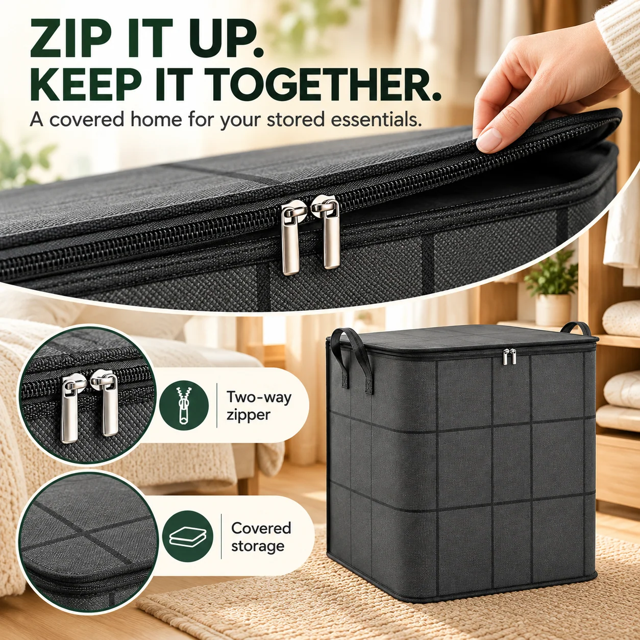 Large Zippered Reinforced Foldable  Fabric Organizer Bin