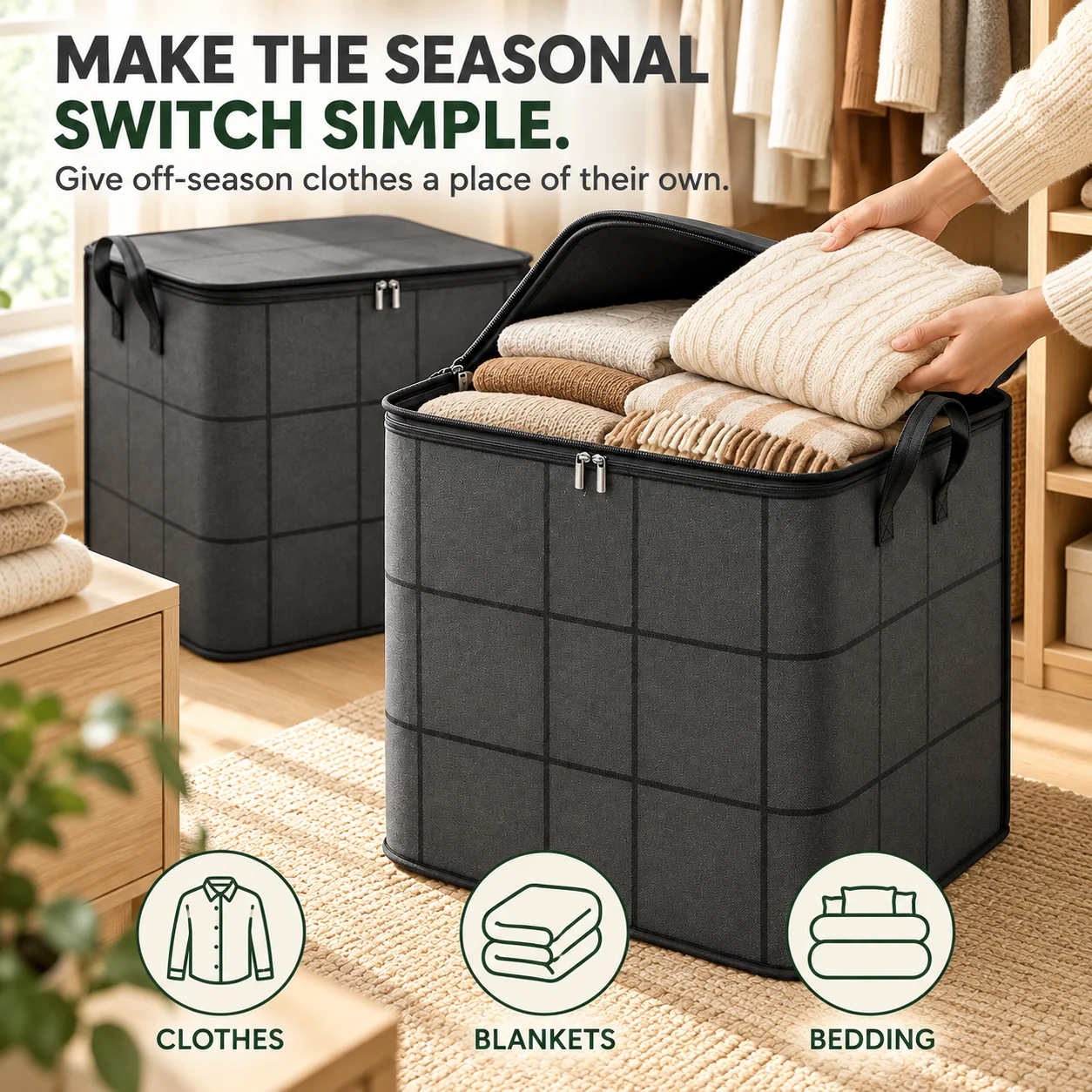Large Zippered Reinforced Foldable  Fabric Organizer Bin