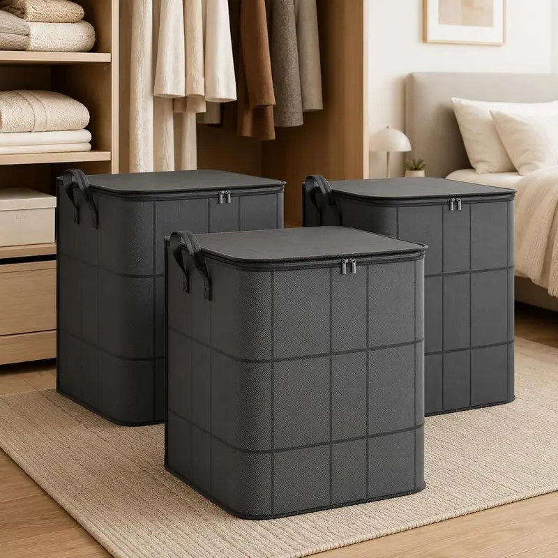 Large Zippered Reinforced Foldable  Fabric Organizer Bin
