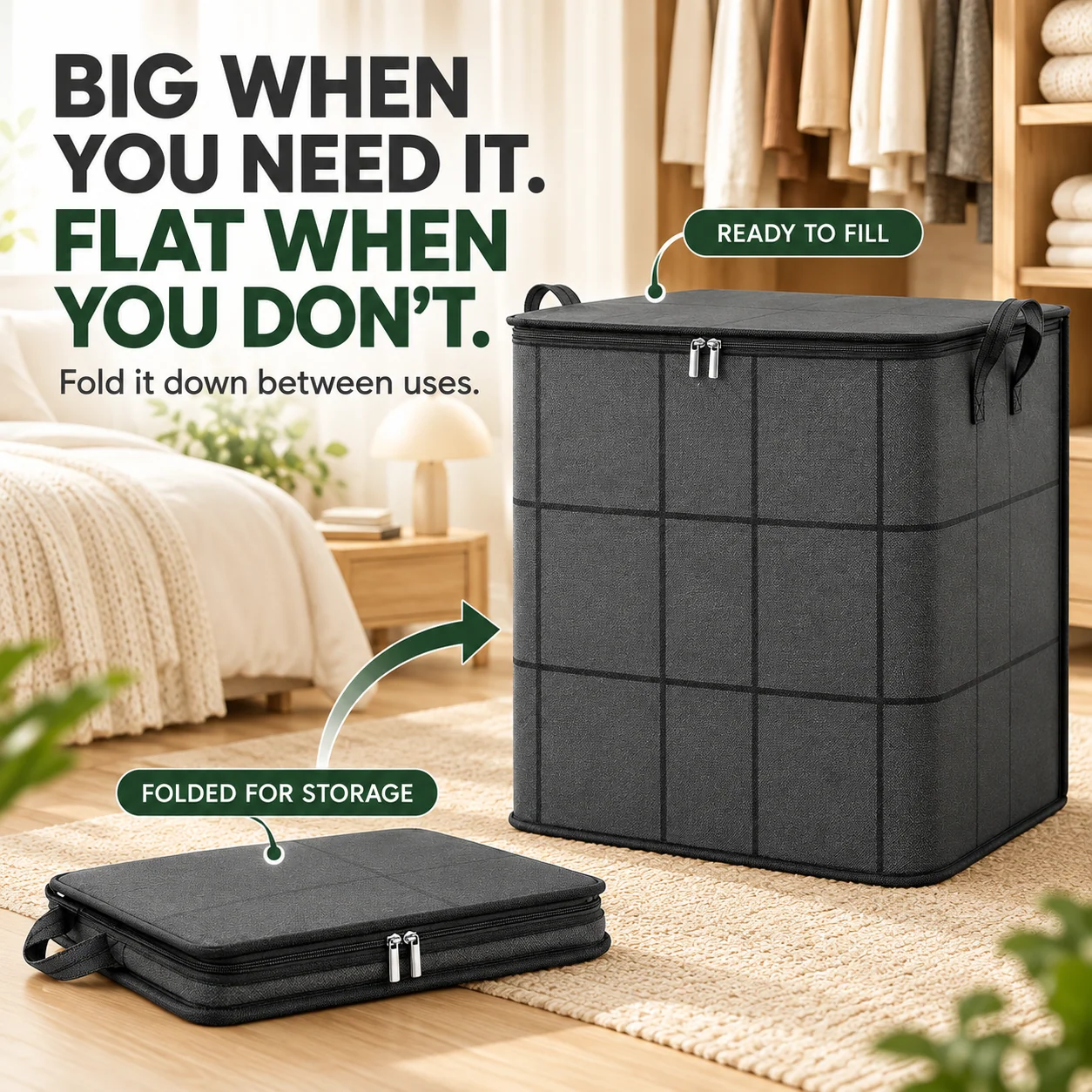 Large Zippered Reinforced Foldable  Fabric Organizer Bin