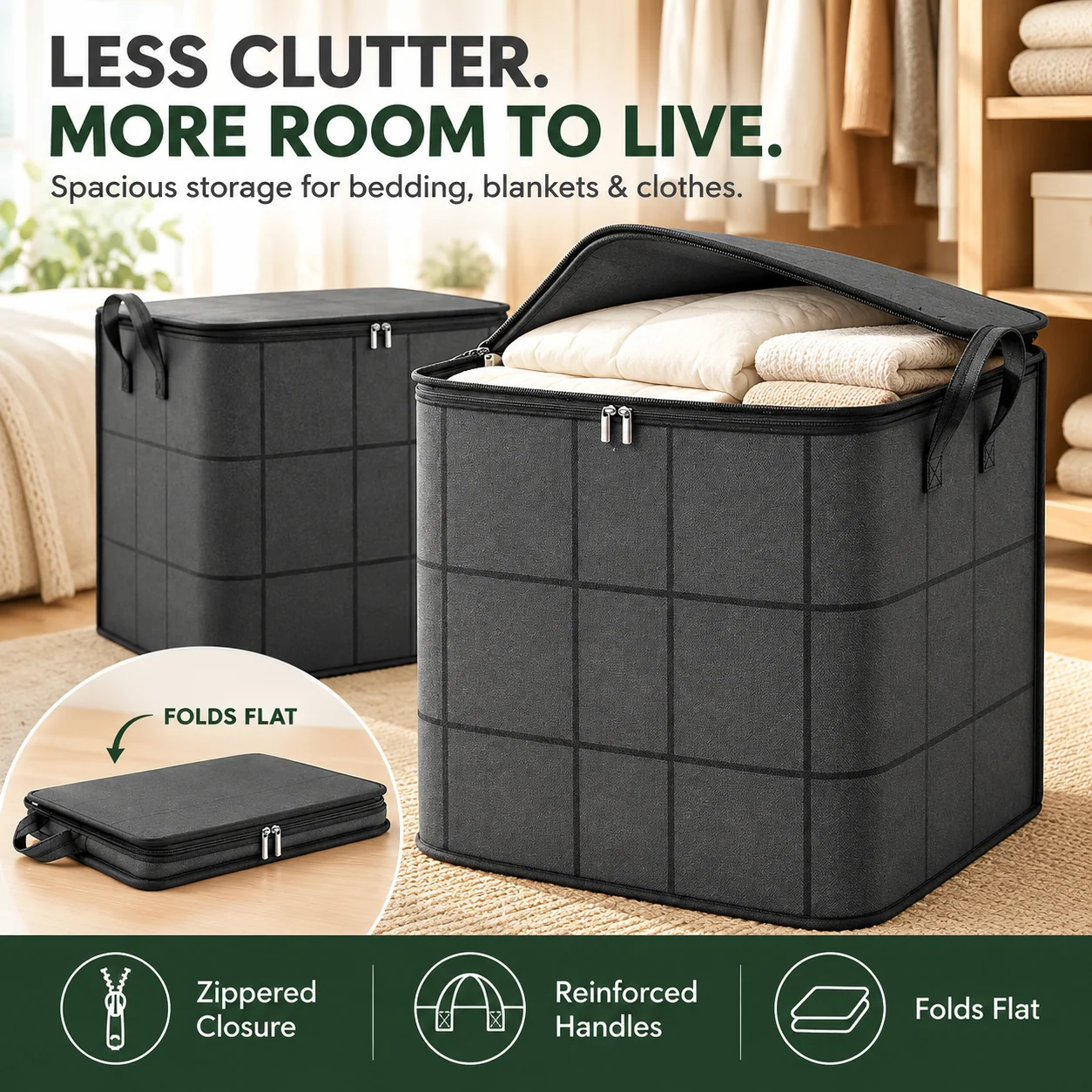 Large Zippered Reinforced Foldable  Fabric Organizer Bin