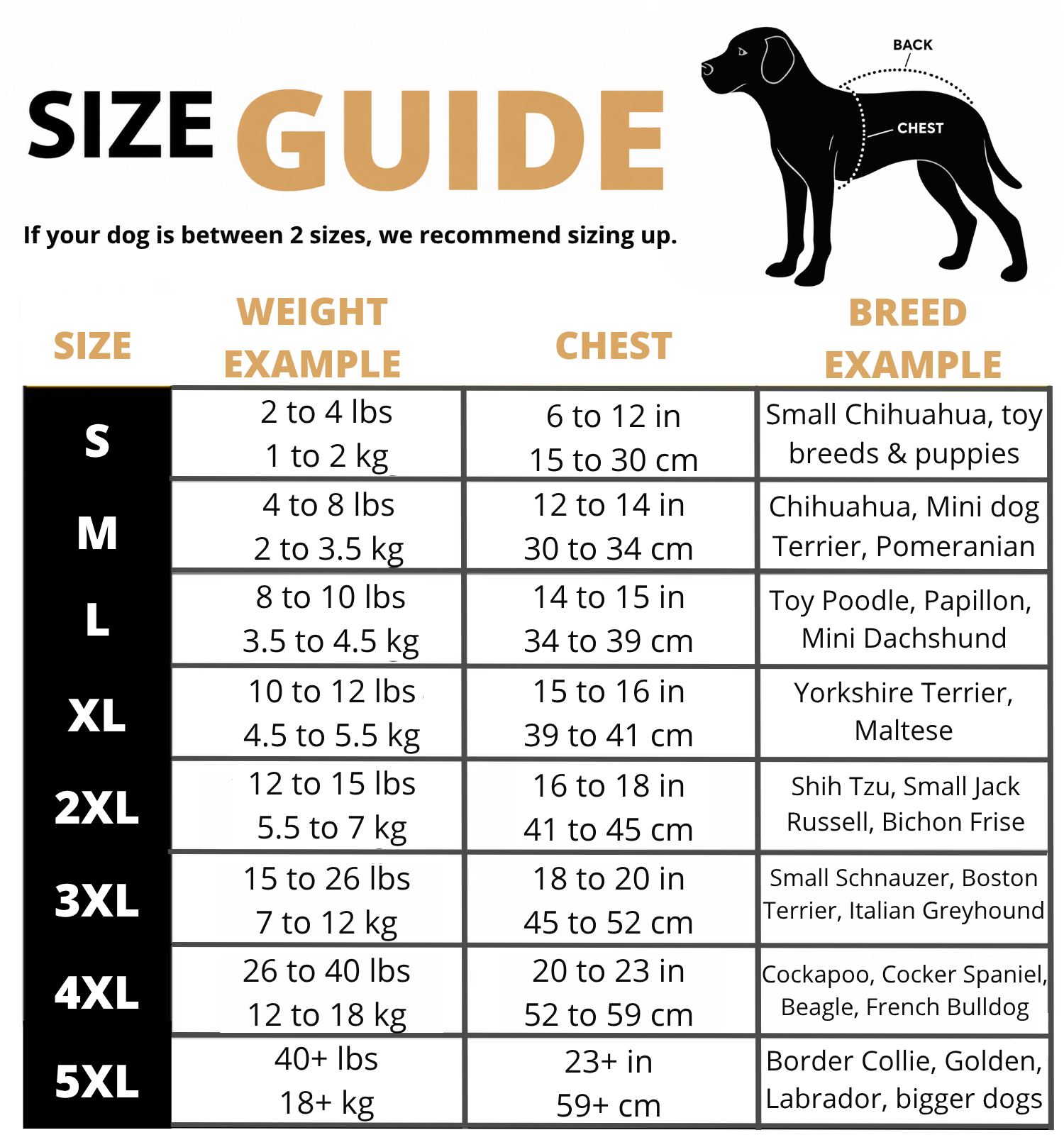 DoggyKings dog jacket size guide S to 5XL