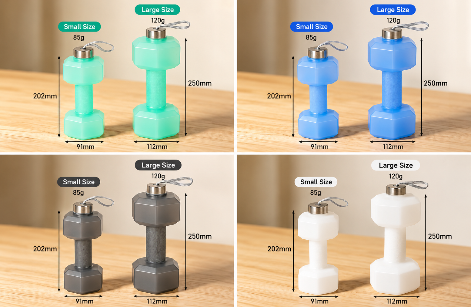 Dumbbell-shaped water bottle size and color comparison