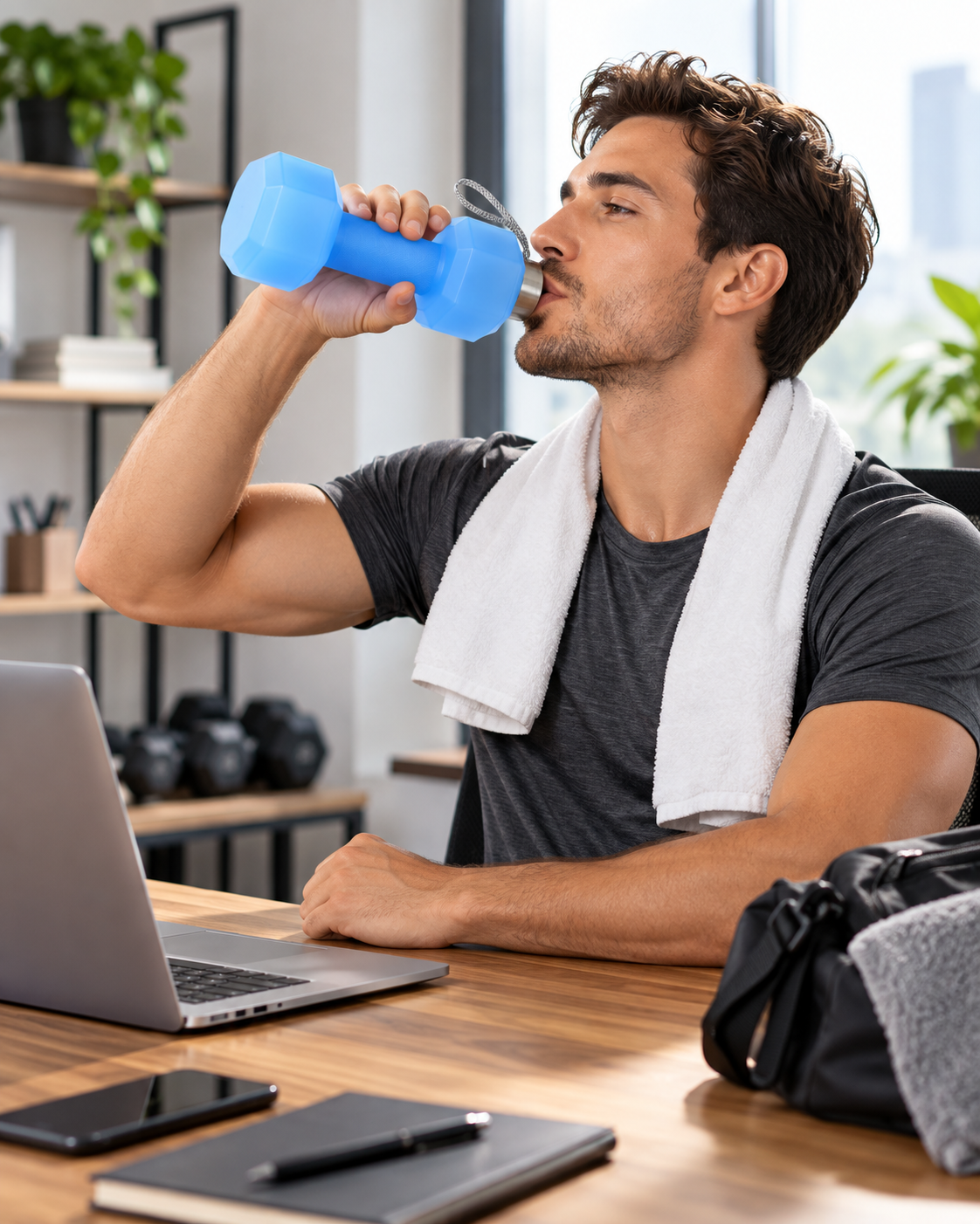 Man drinking from blue dumbbell-shaped bottle at desk