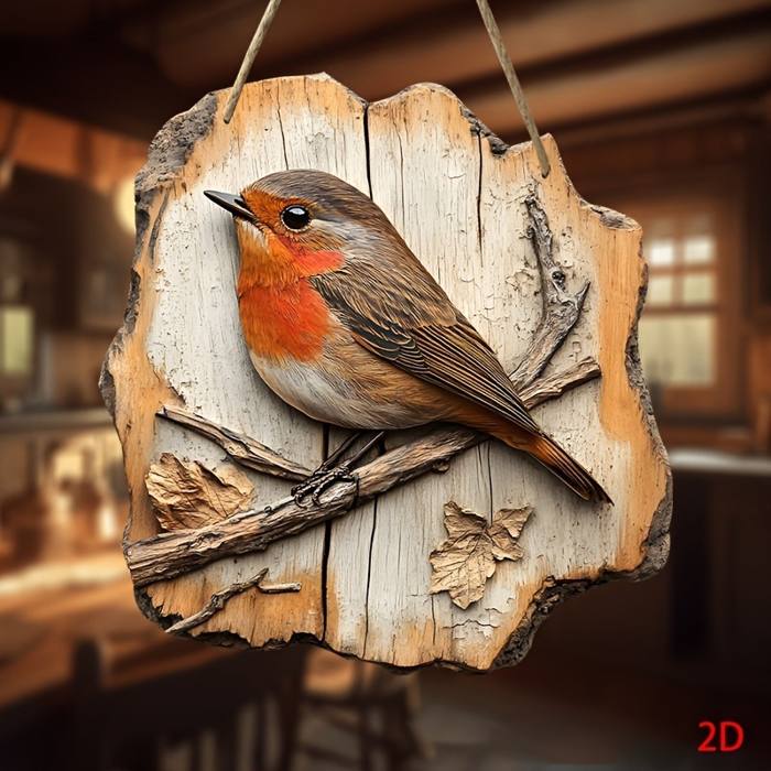 Robin bird wall hanging in a warm rustic style