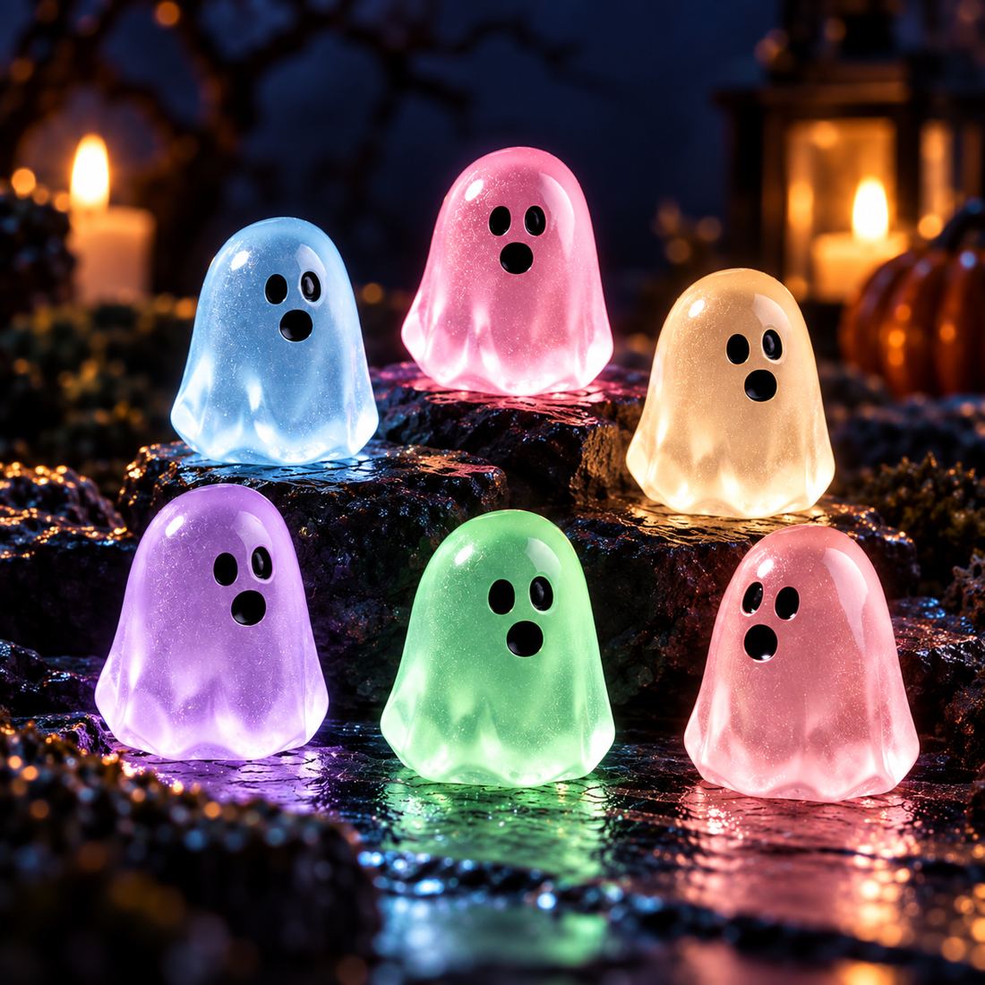 Mini glow ghost figurines in a premium Halloween night scene