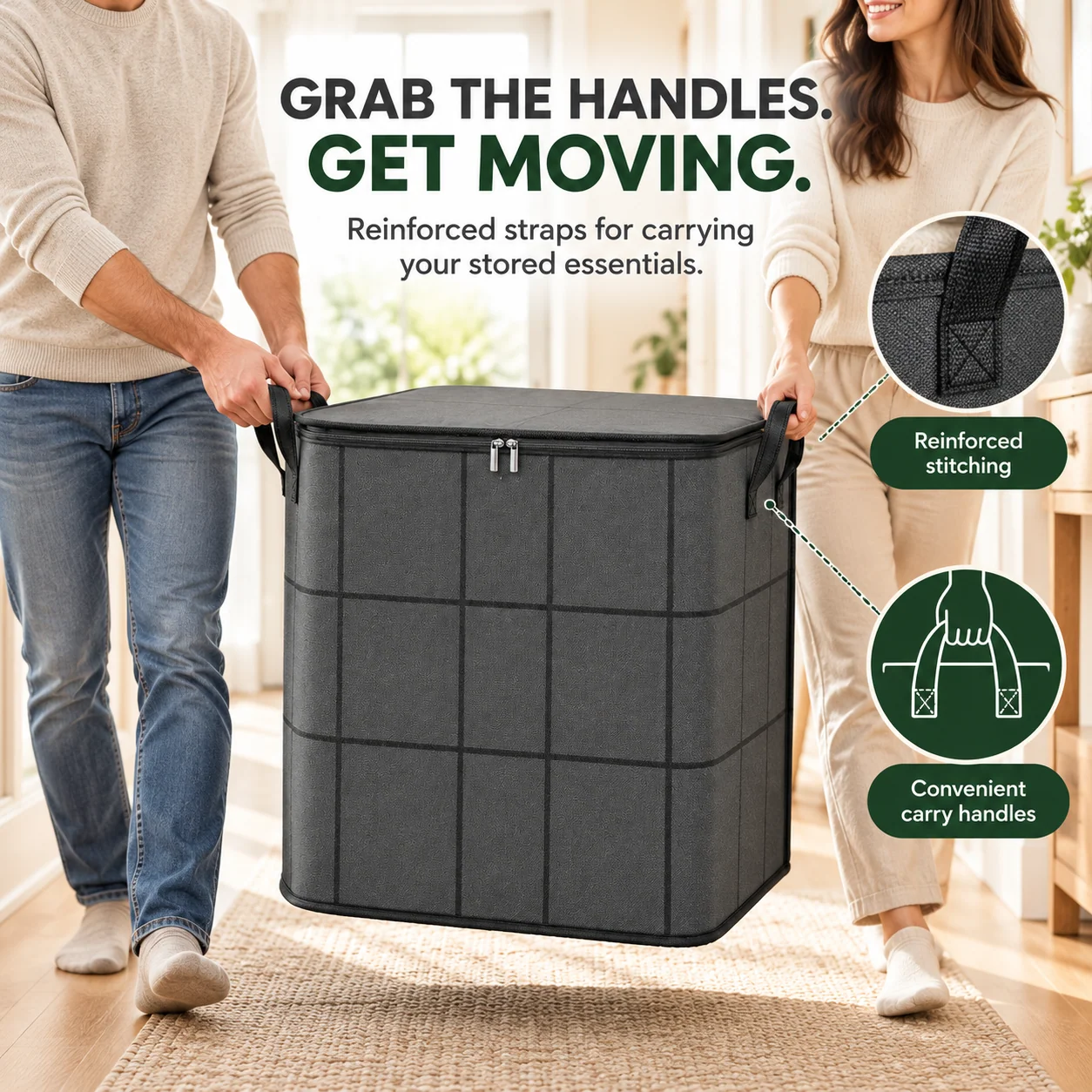 Large Zippered Reinforced Foldable  Fabric Organizer Bin