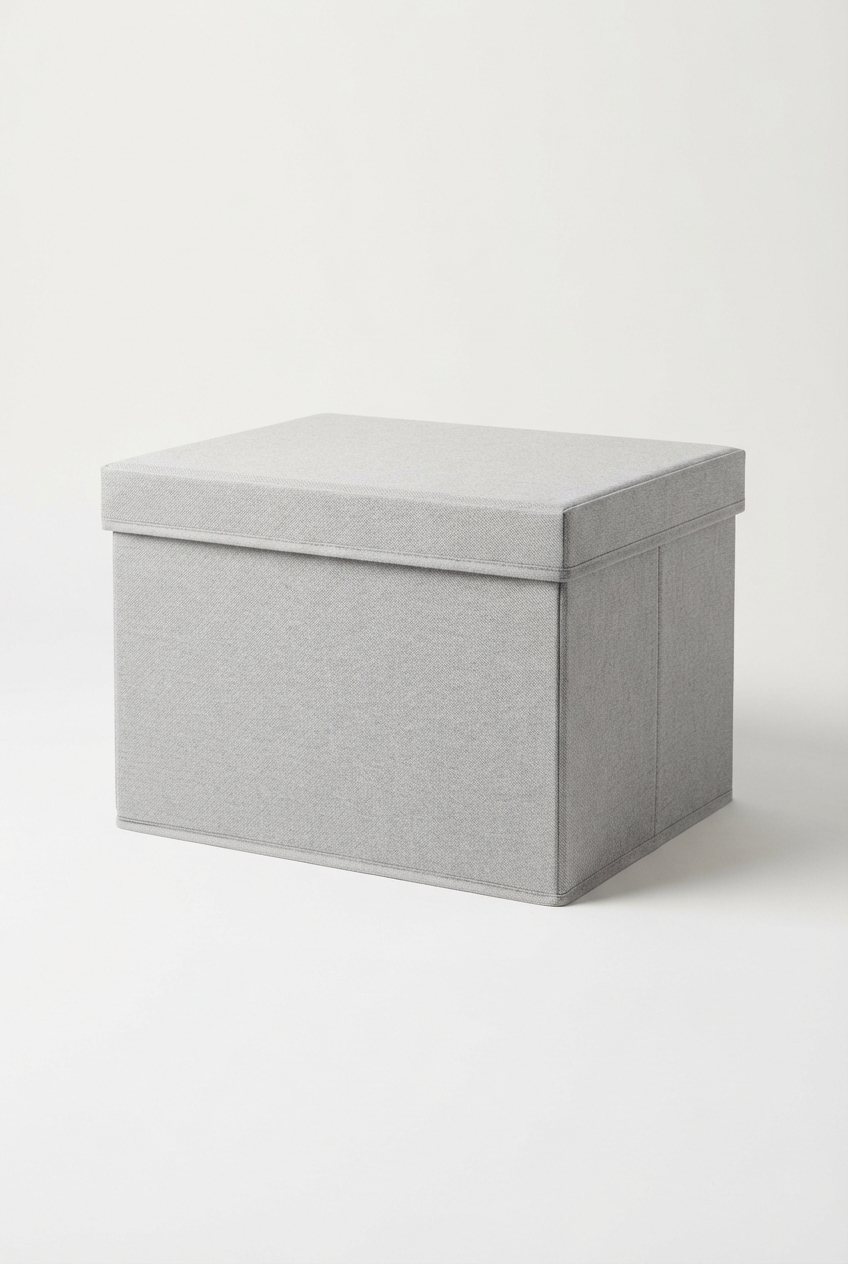 Light gray fabric storage box with lid on neutral background