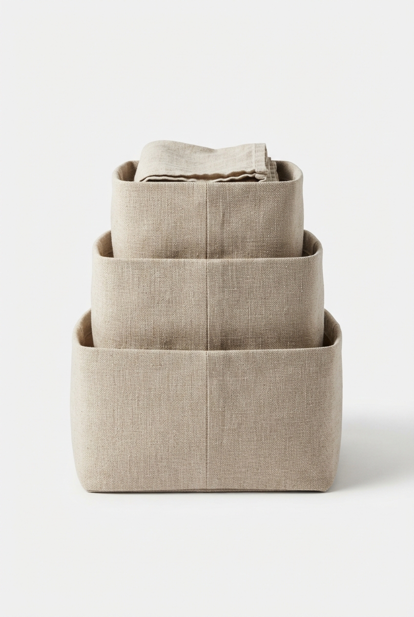 Linen-colored set of three nesting storage baskets